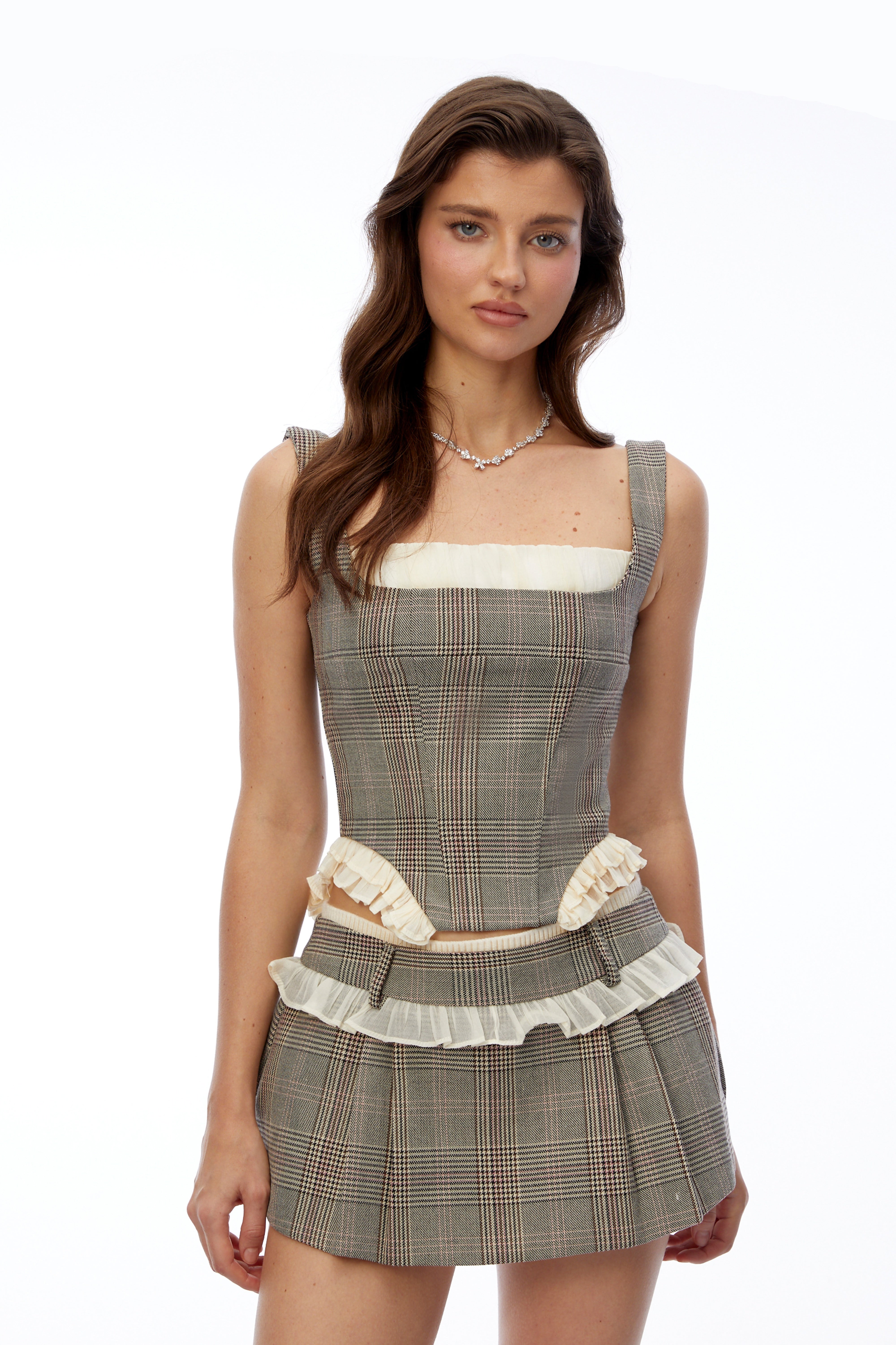 Jennifer Grey Square Neck Top & Skirt Set with Ruffled Trim
