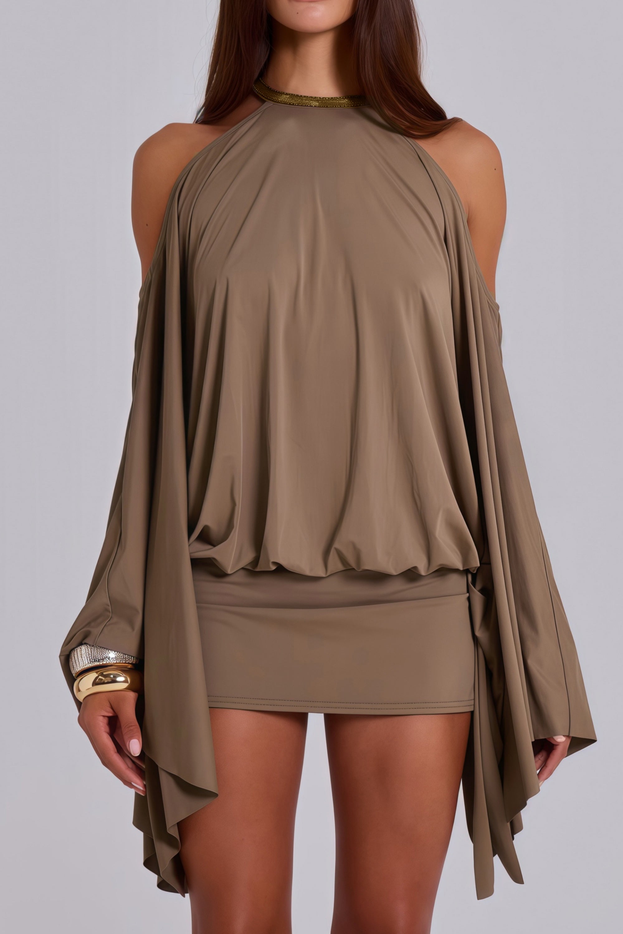 Jimena Brown Cold Shoulder Embellished Mini Dress