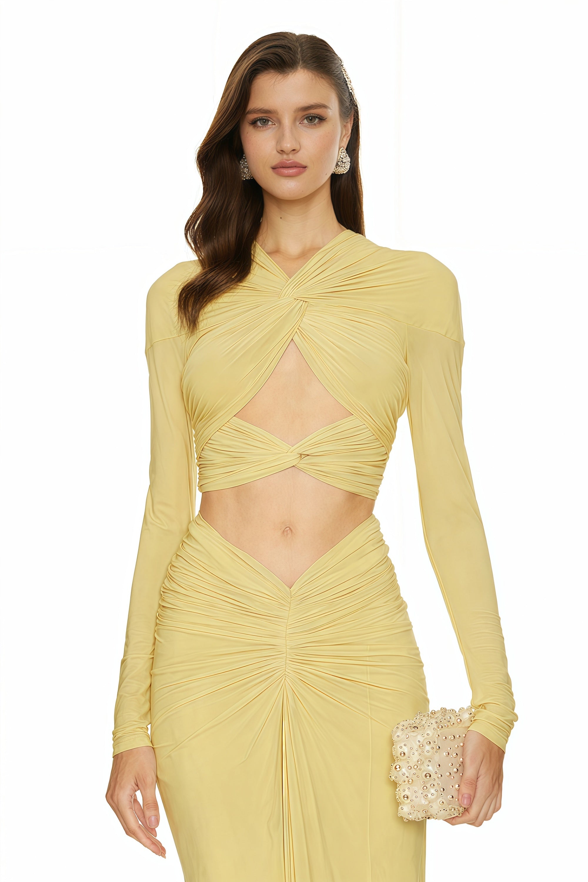 Jimena Yellow Twisted Design Tulle Maxi Dress