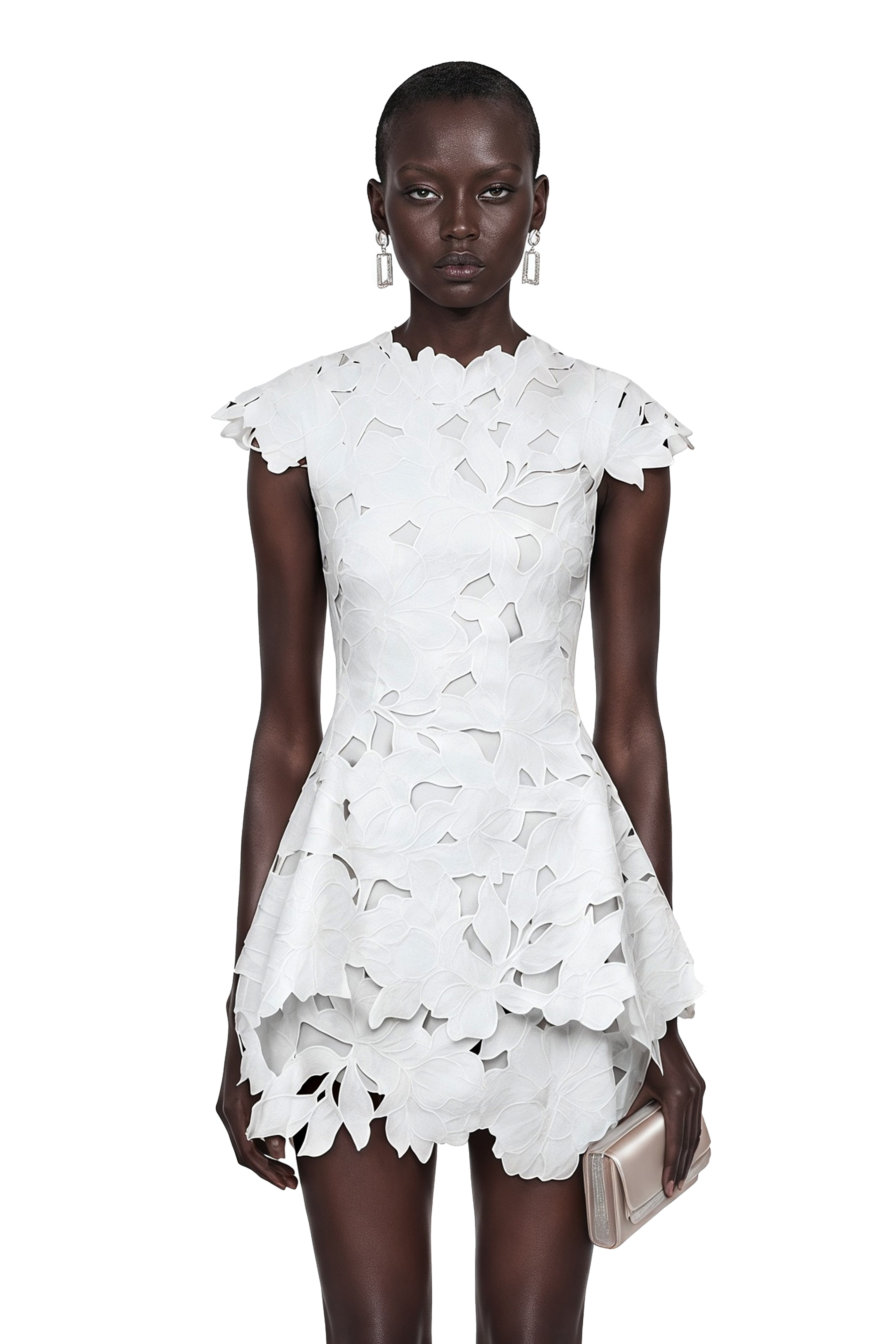 Mini-robe blanche fauve à motifs floraux et découpes