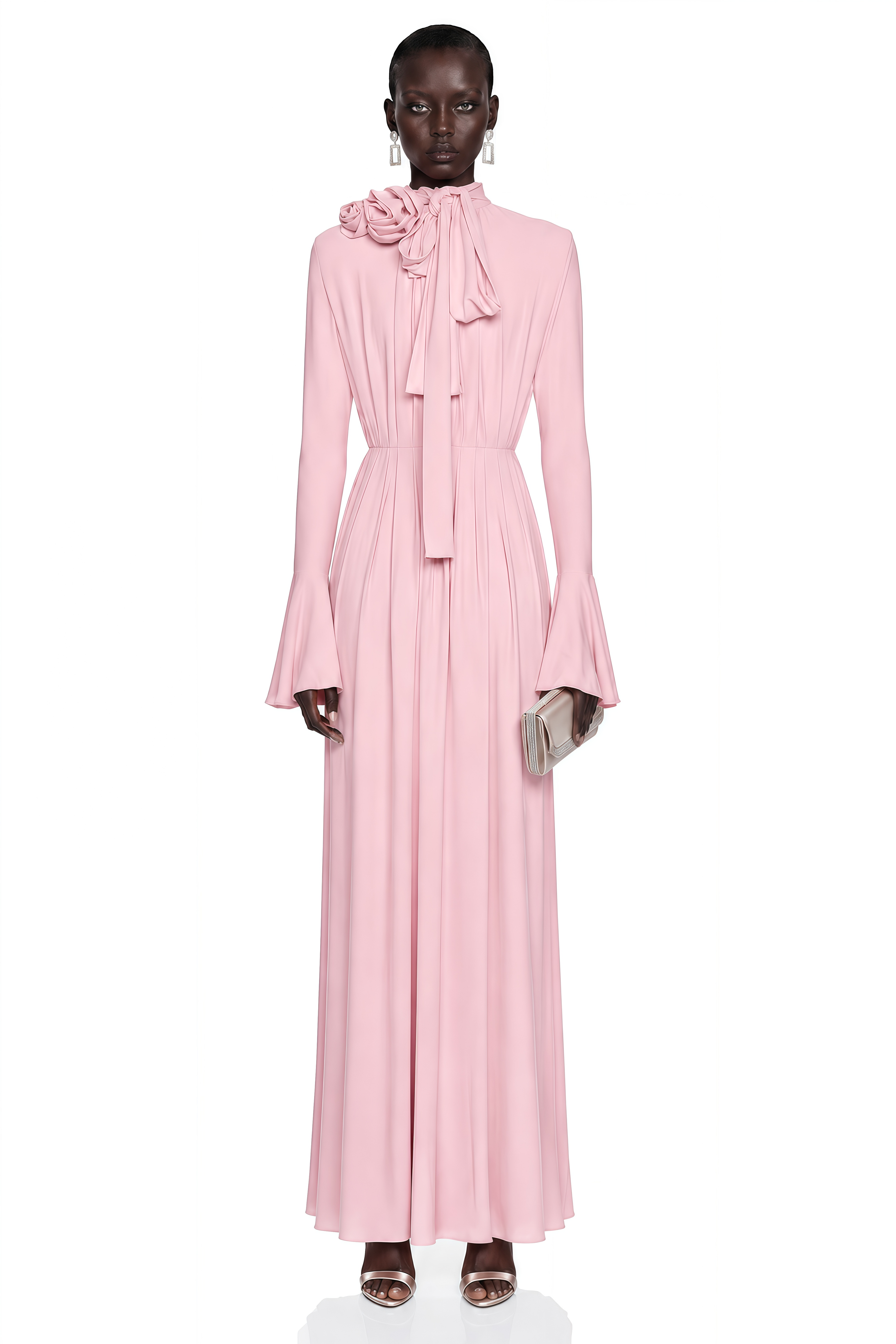 Robe longue rose à fronces Jocelinda avec motifs floraux en 3D