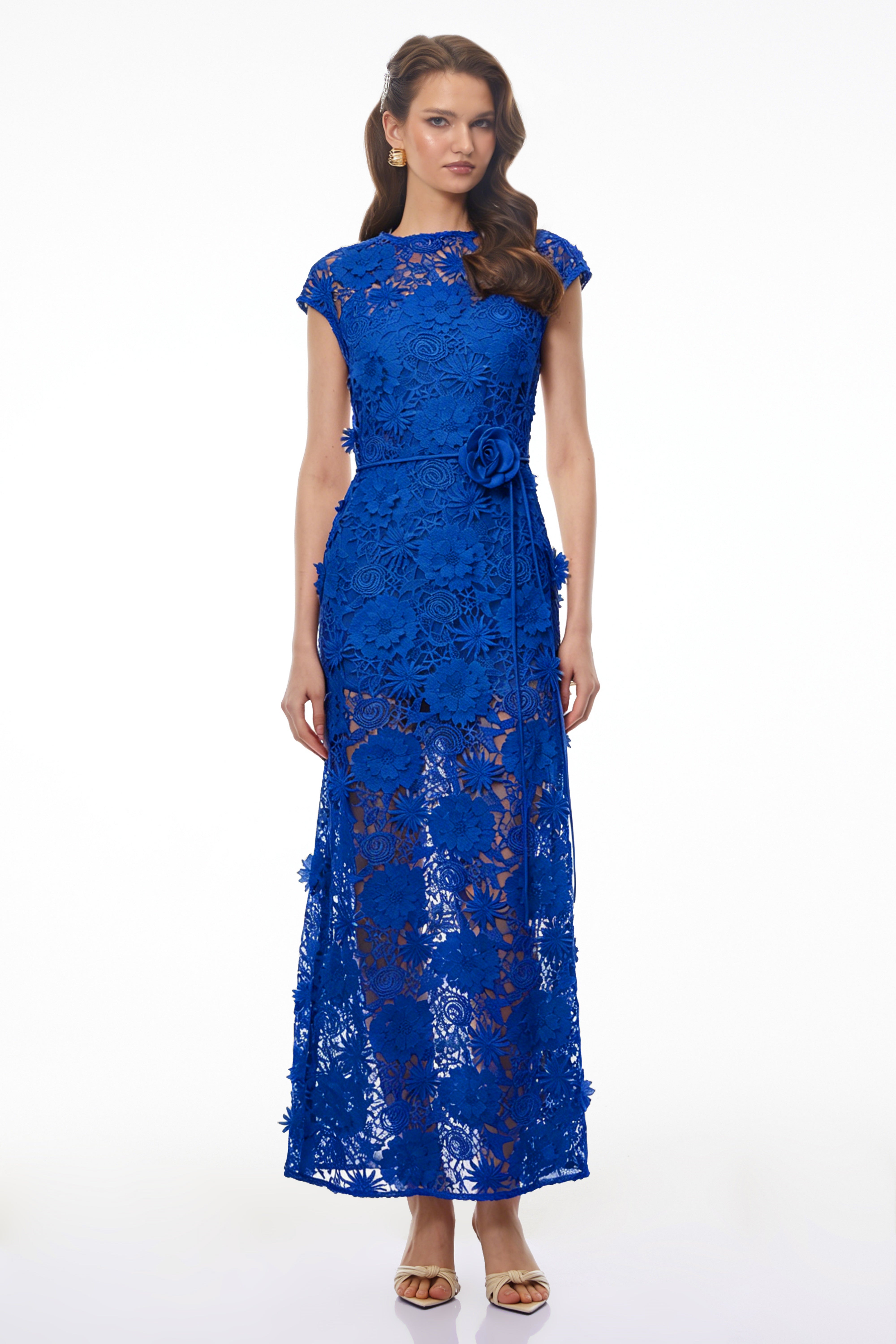 Jochebed Blue Floral Appliqué Maxi Dress witn Cut-Outs