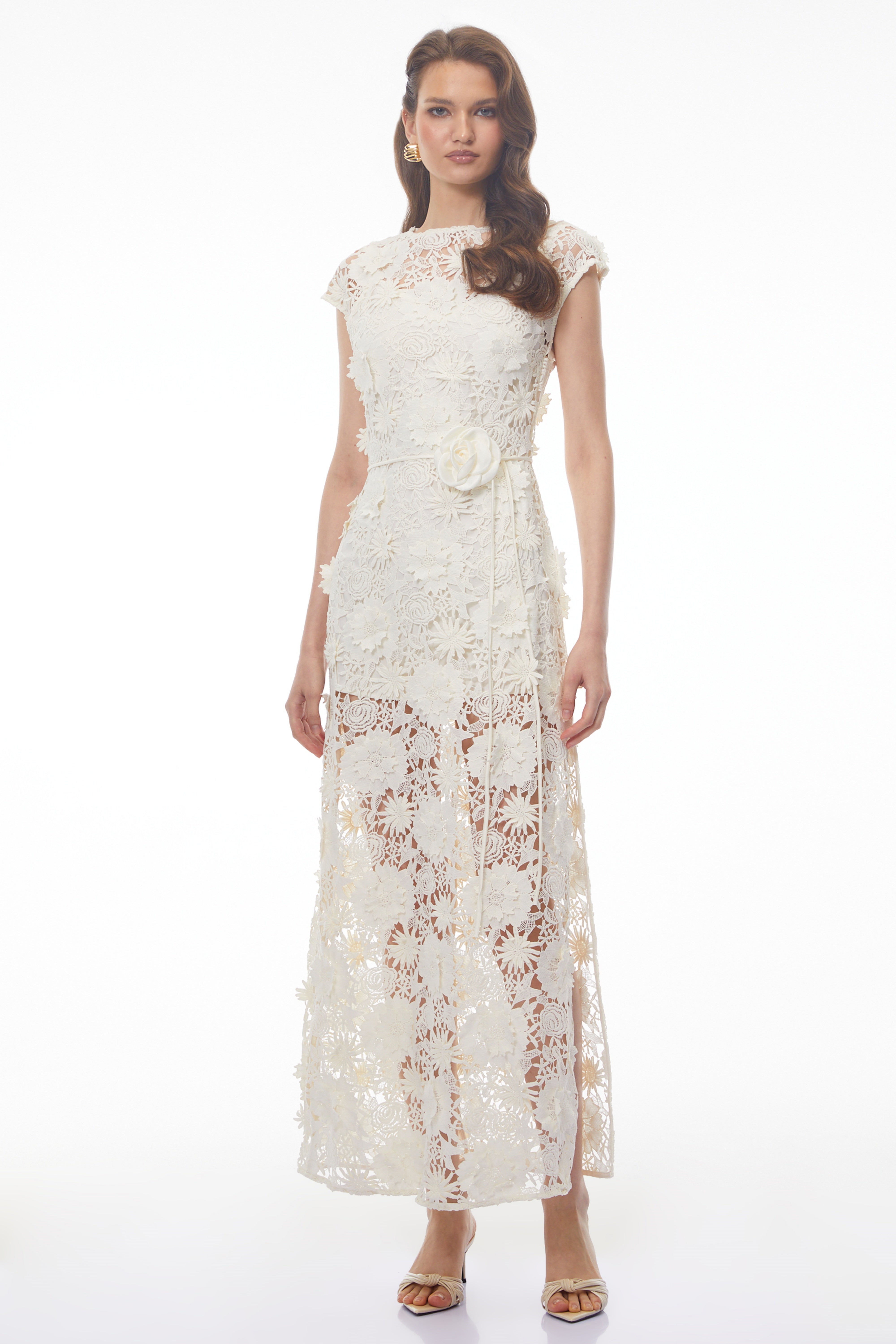 Jochebed White Floral Appliqué Maxi Dress witn Cut-Outs