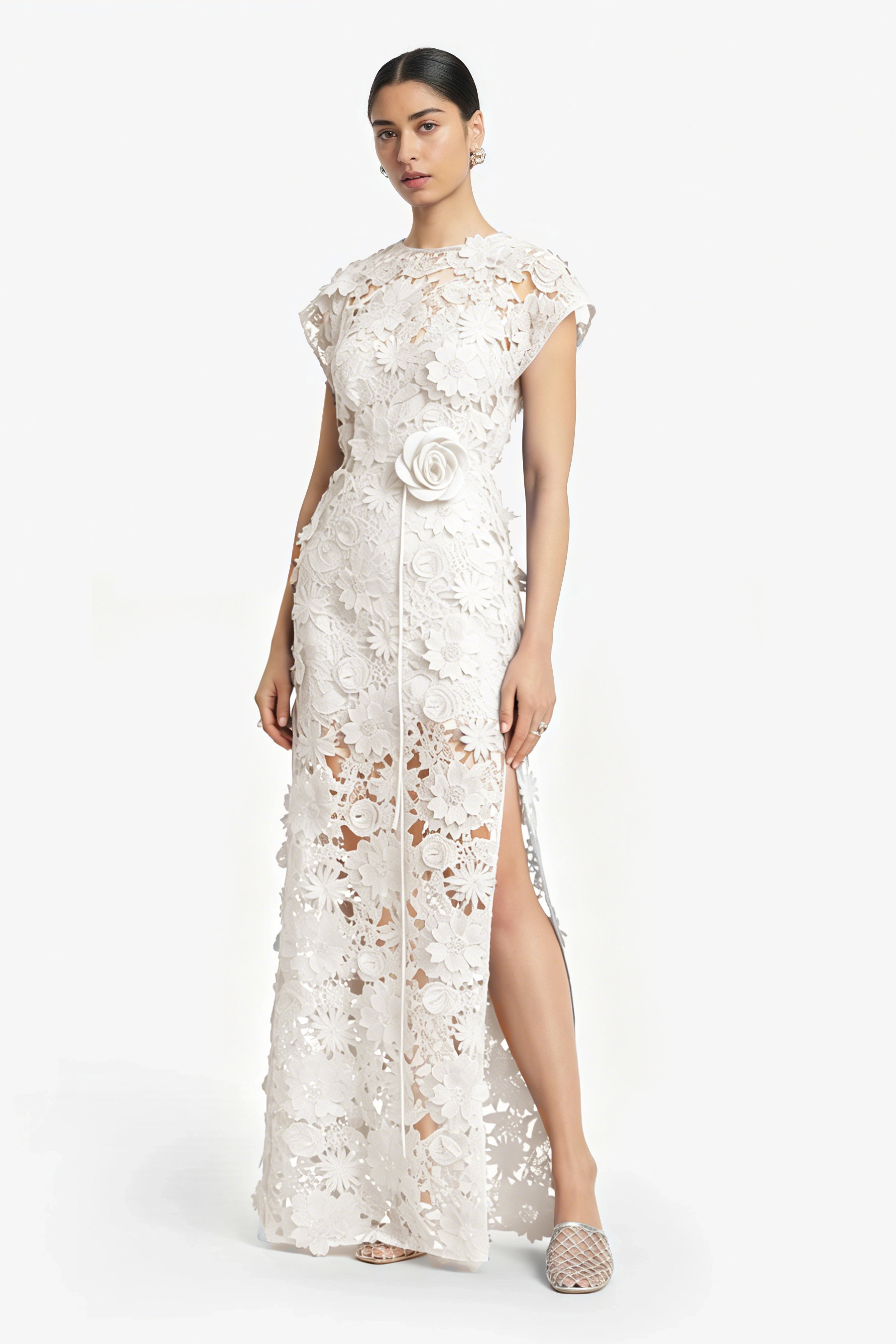 Jochebed White Floral Appliqué Maxi Dress witn Cut-Outs