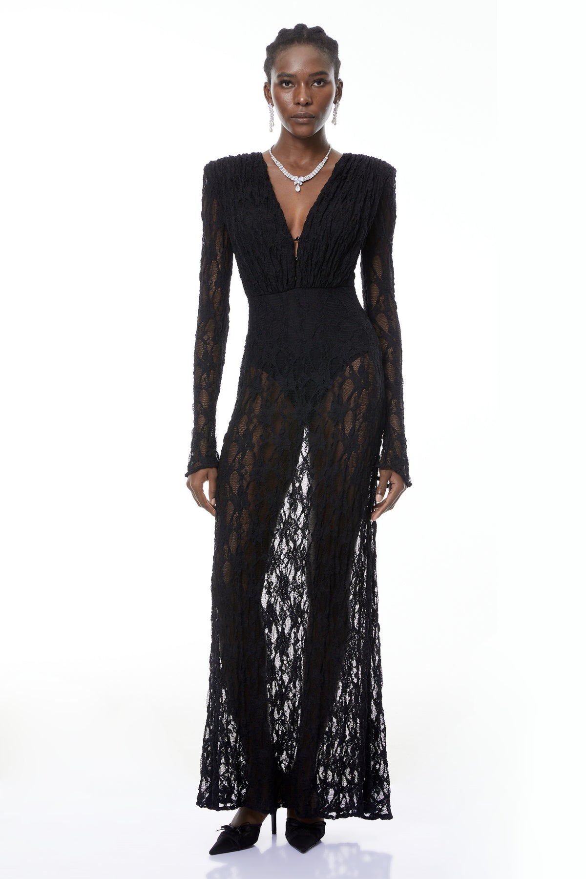 semi sheer lace dress Olesya Black Semi Sheer Lace Maxi Dress (Final Sale), XS / Black