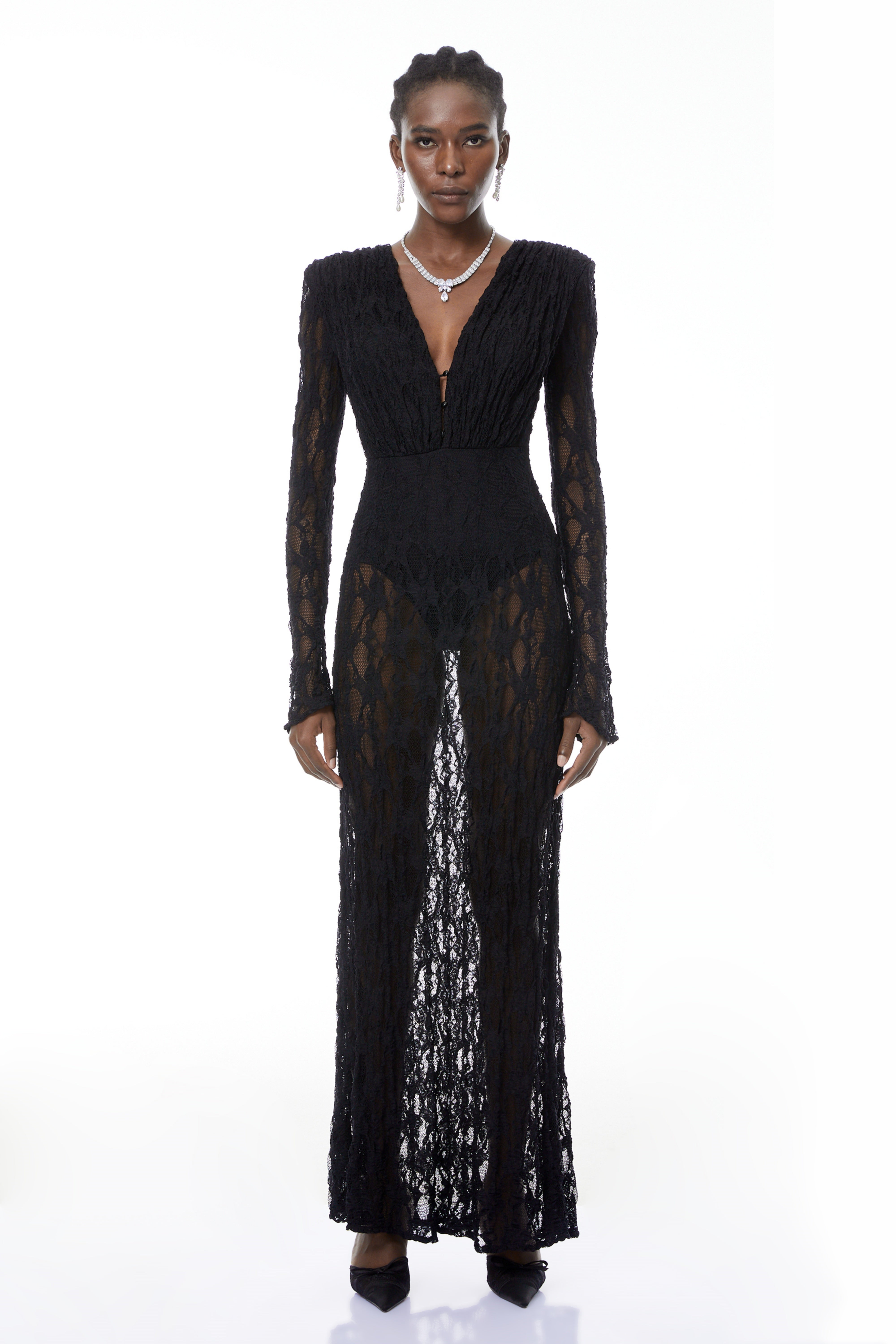 Johanna Black Semi-Sheer Lace Maxi Dress