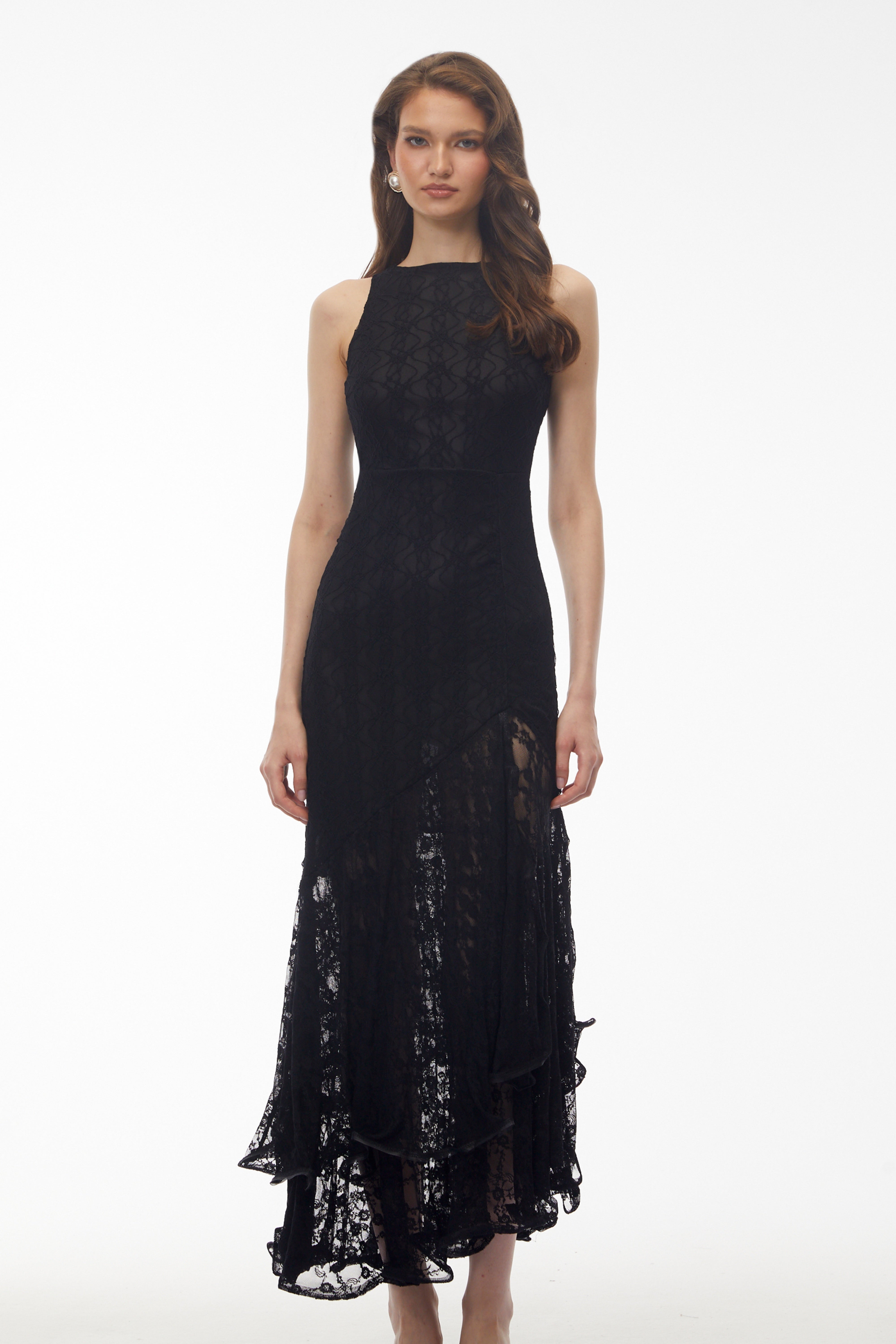 Jonah Black Lace Panel Ruffled Midi Dress