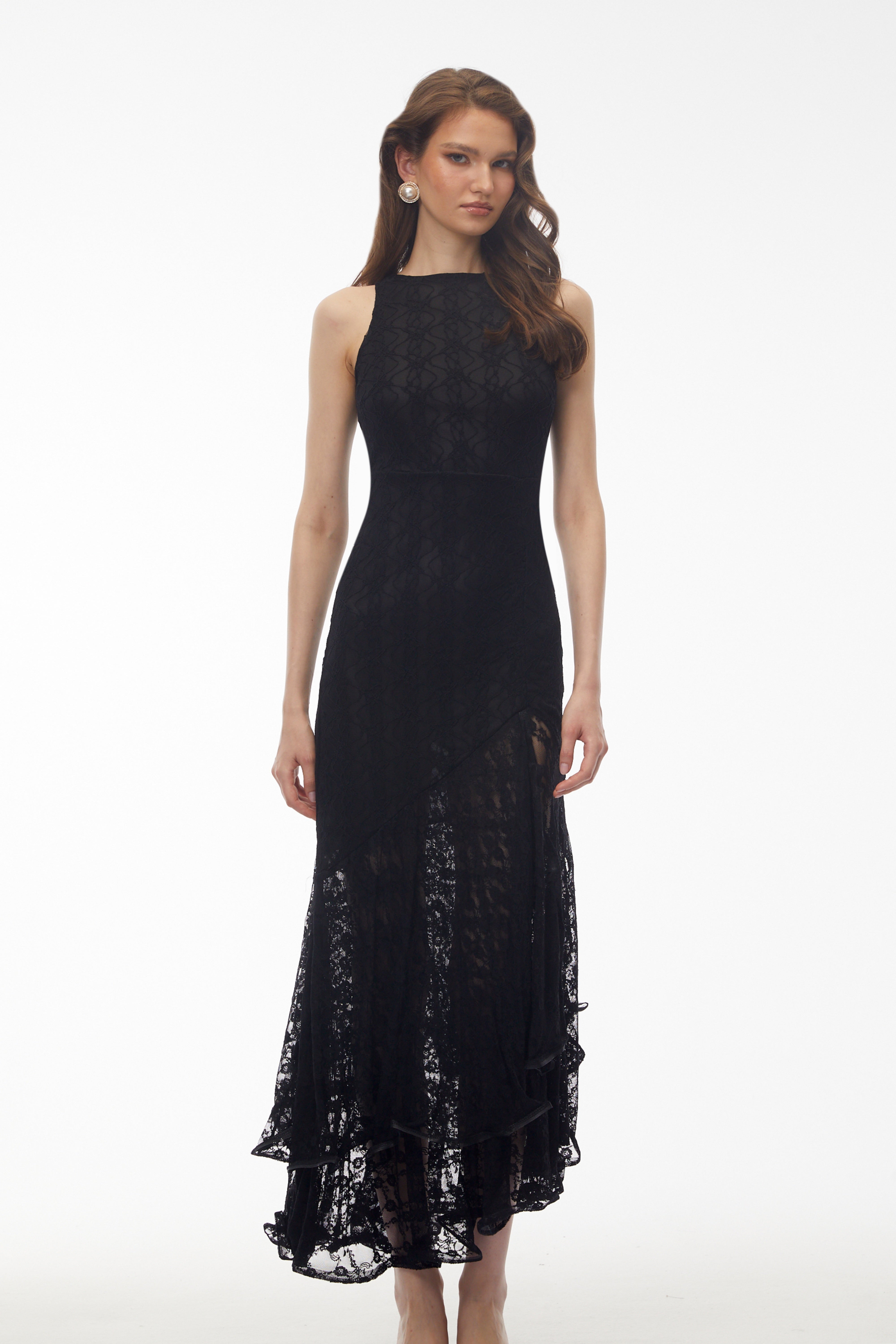Jonah Black Lace Panel Ruffled Midi Dress