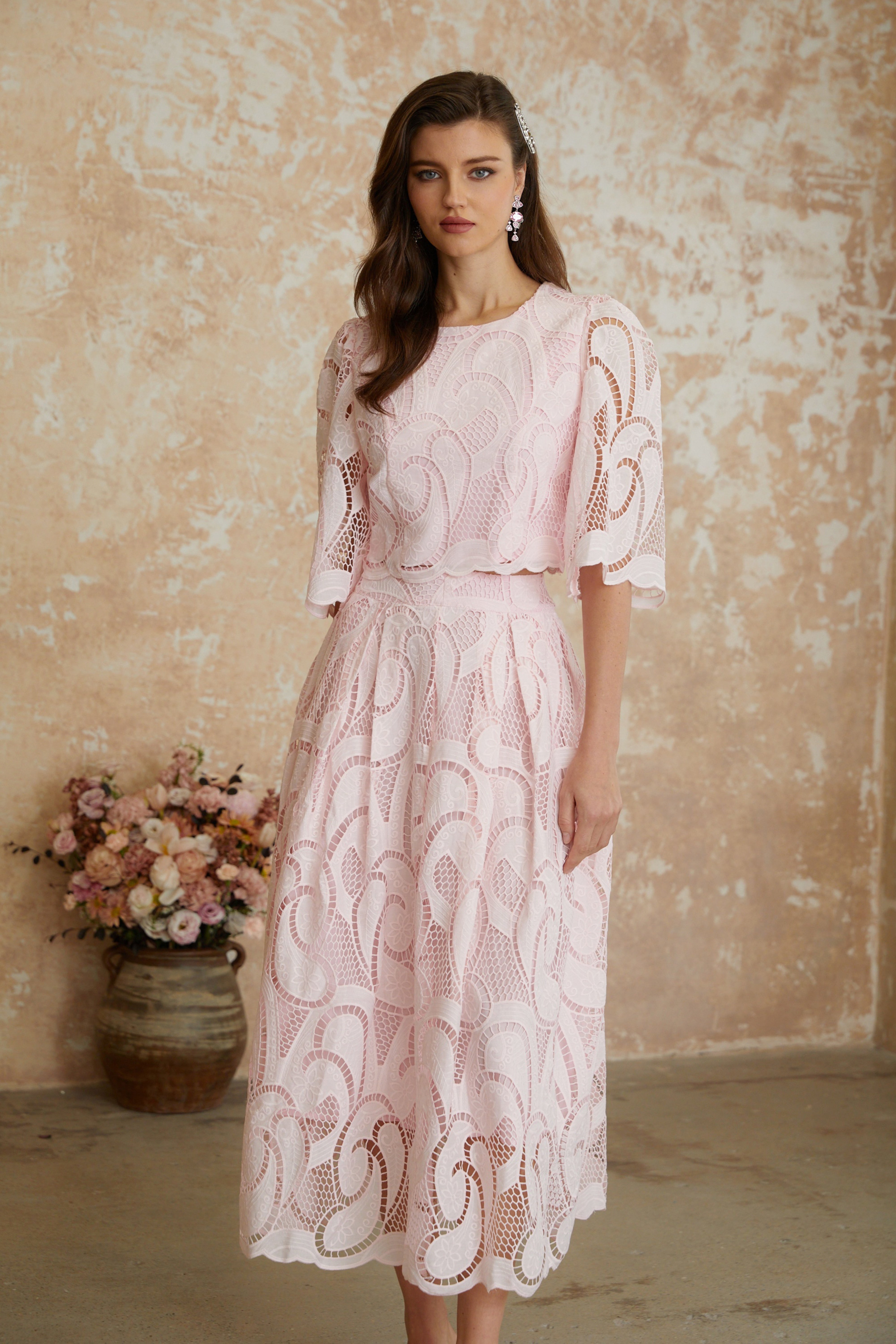 Joséphine Pink Embroidered Blouse & Skirt Set