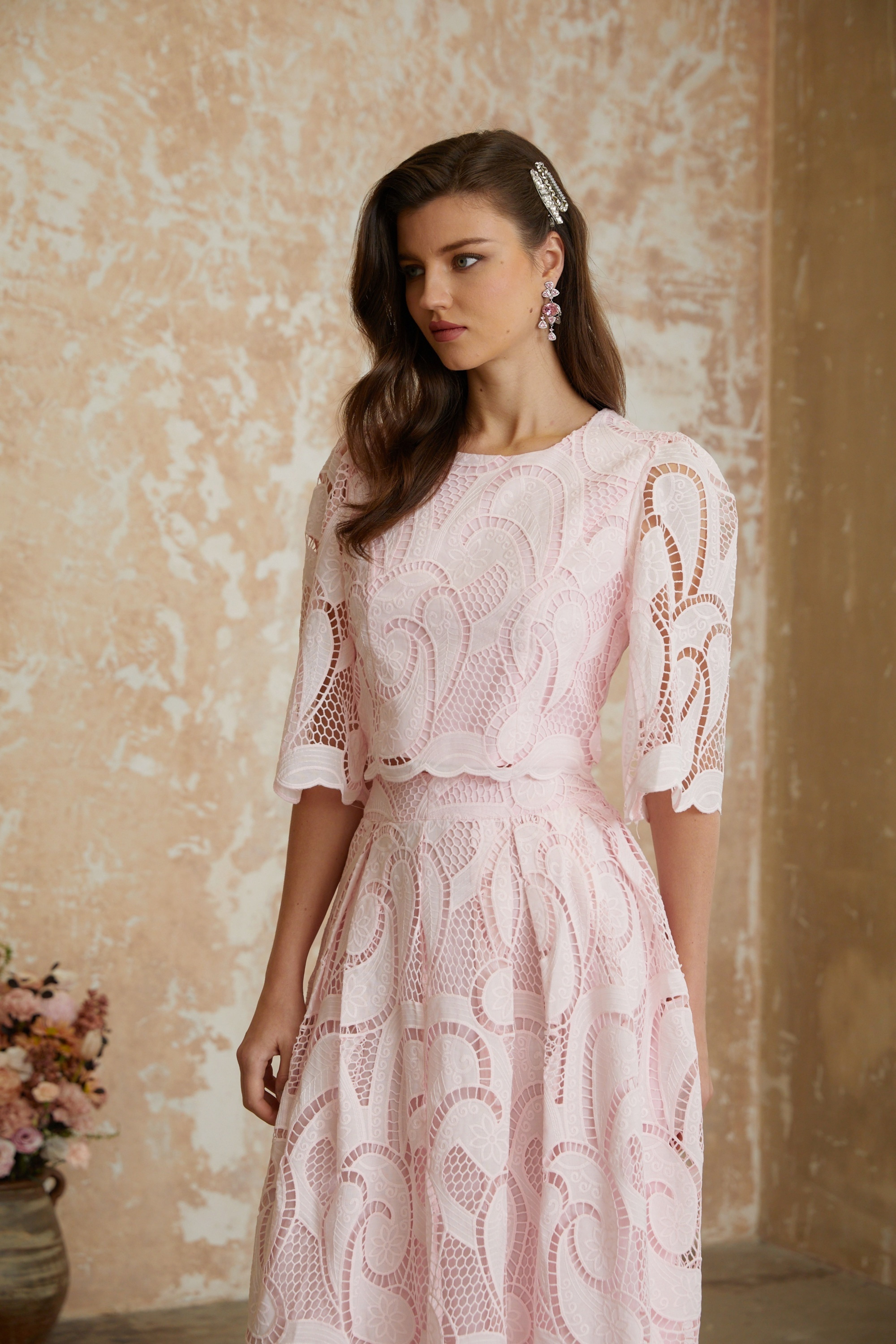 Joséphine Pink Embroidered Blouse & Skirt Set