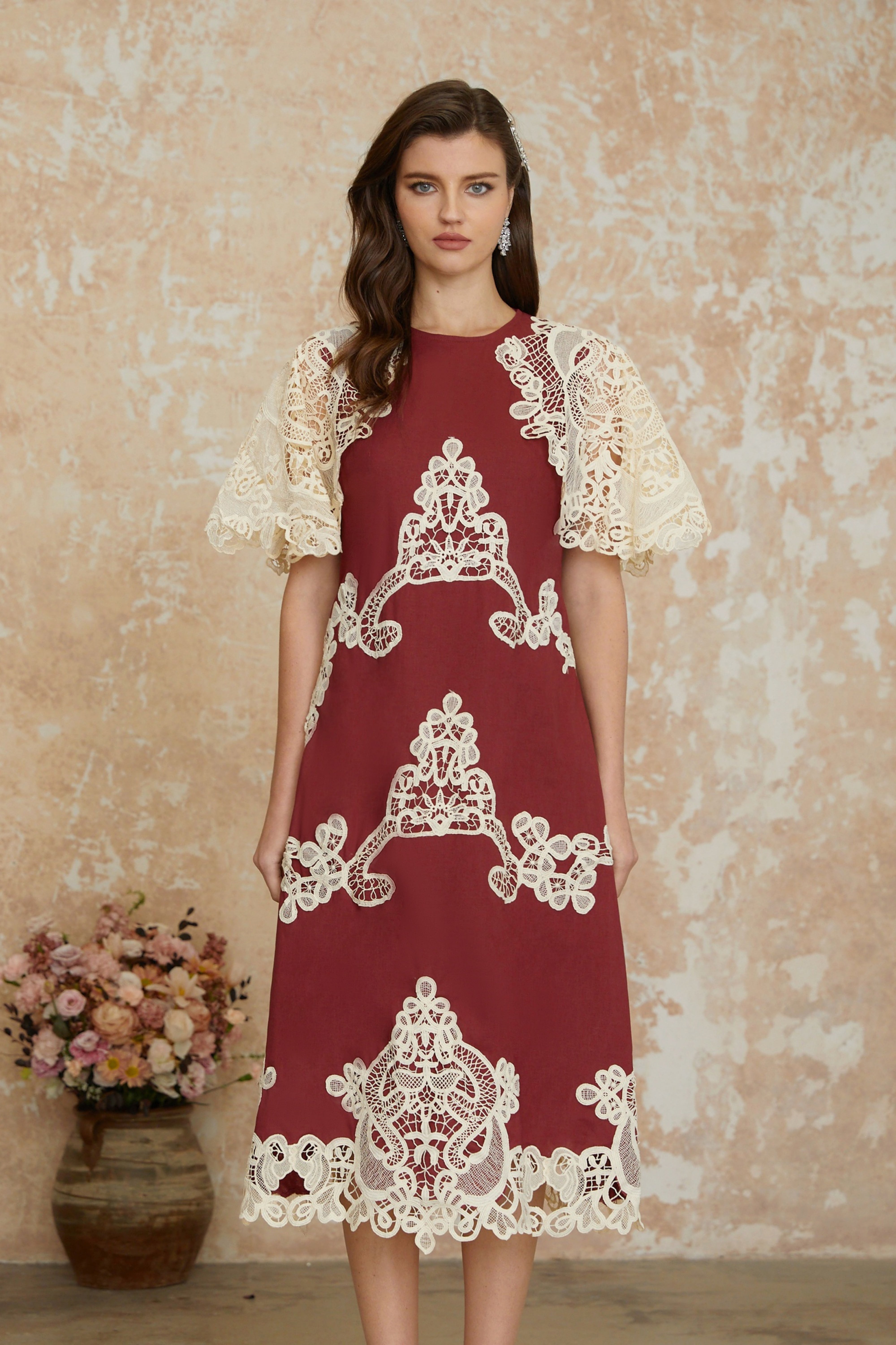 Julia Red Color Block Floral Embroidered Midi Dress
