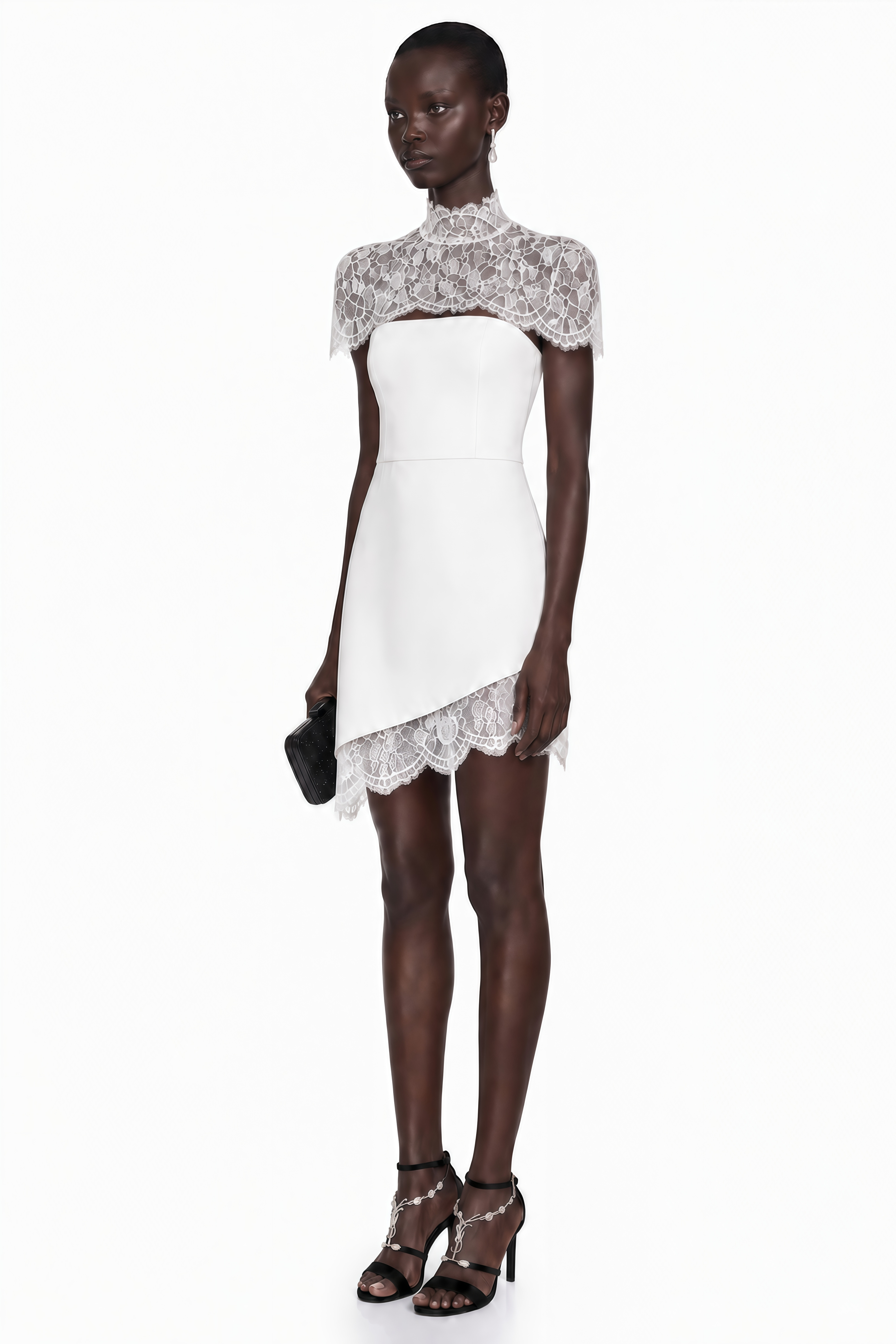 Juliana White Off Shoulder Mini Dress with Asymmetrical Lace Panels