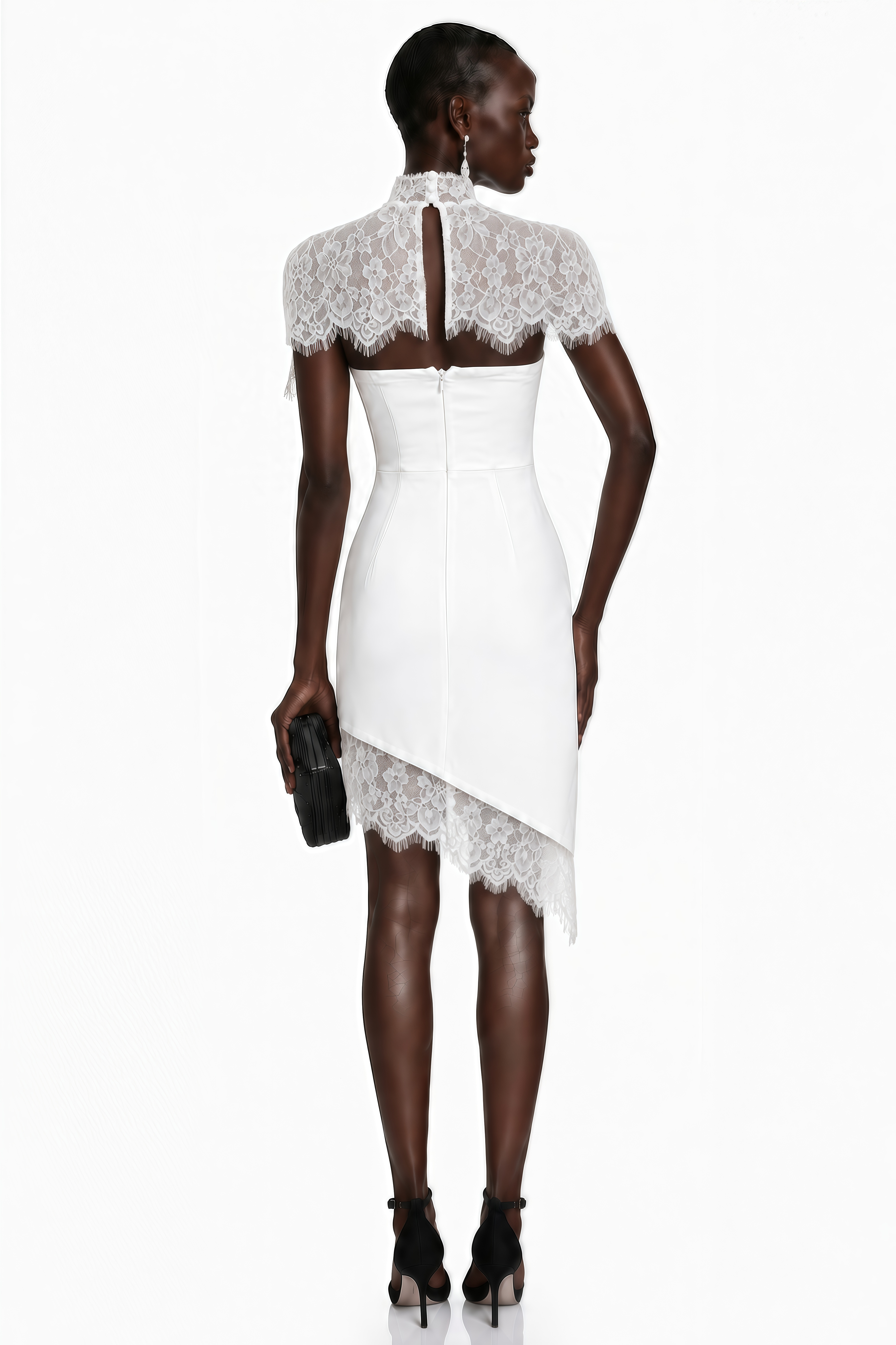 White strapless mini dress with a high-neck lace capelet and asymmetrical hem