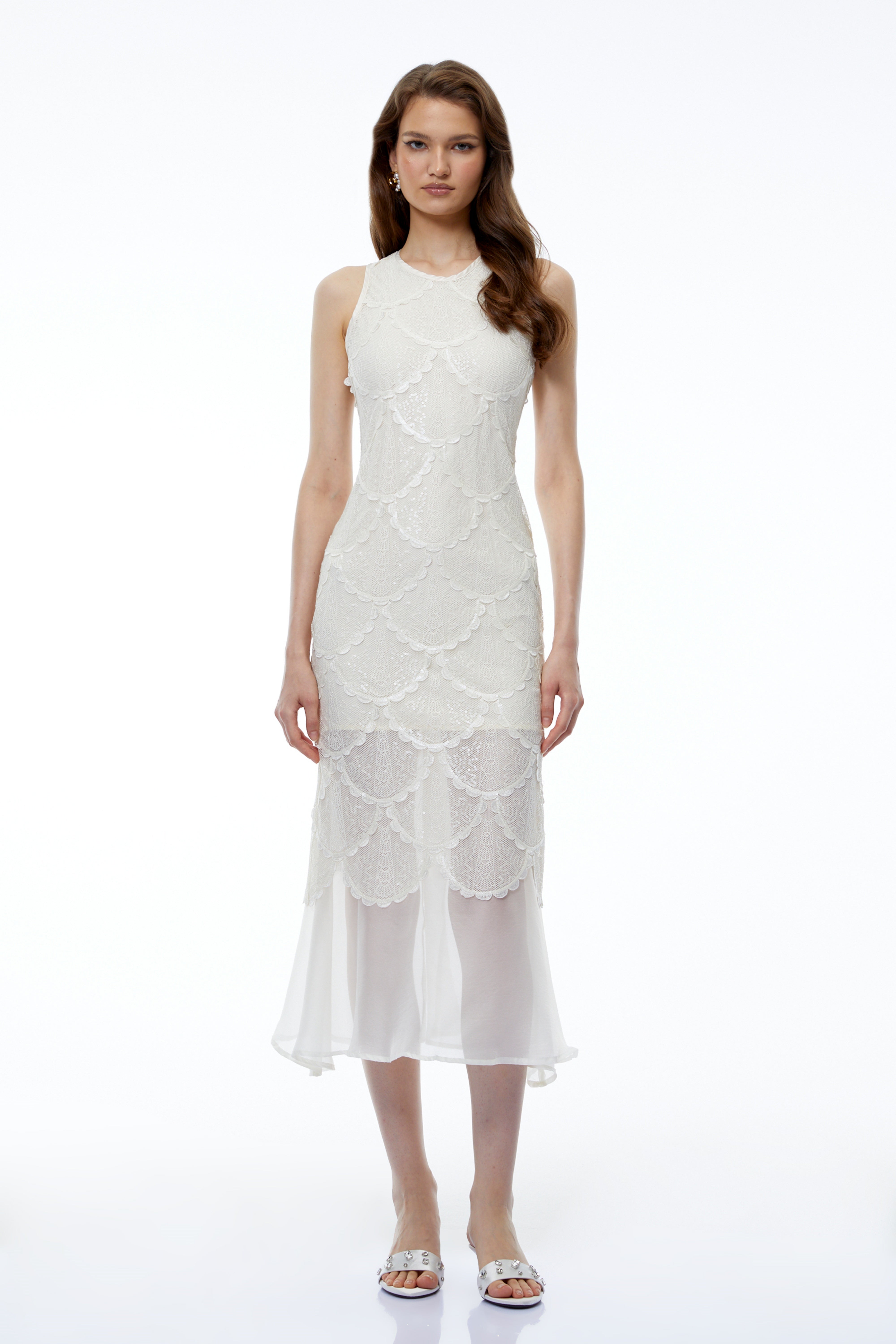 Kali White Scalloped Lace Midi Dress