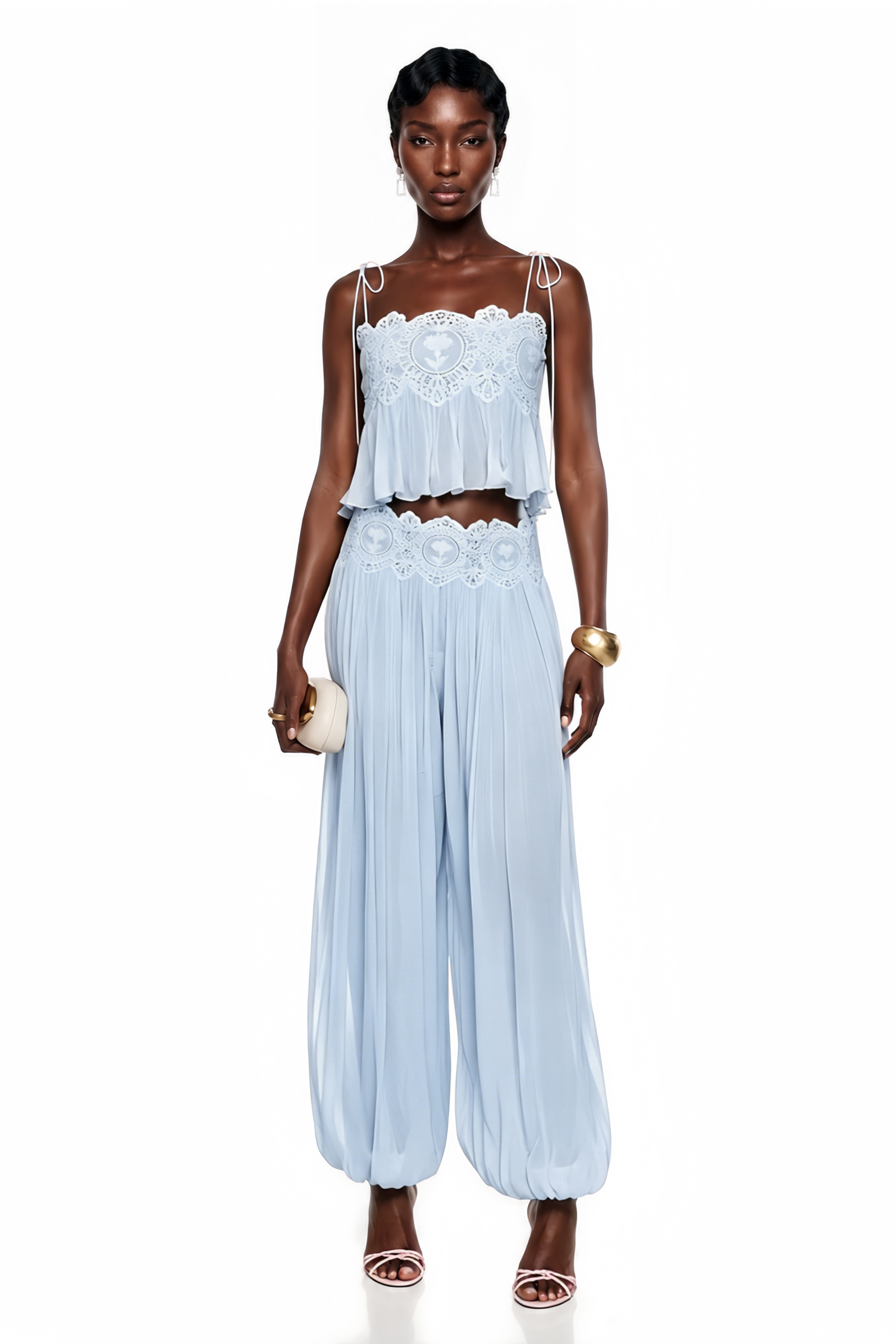 Kamila Blue Lace Trim Ruched Top & Trouser Set