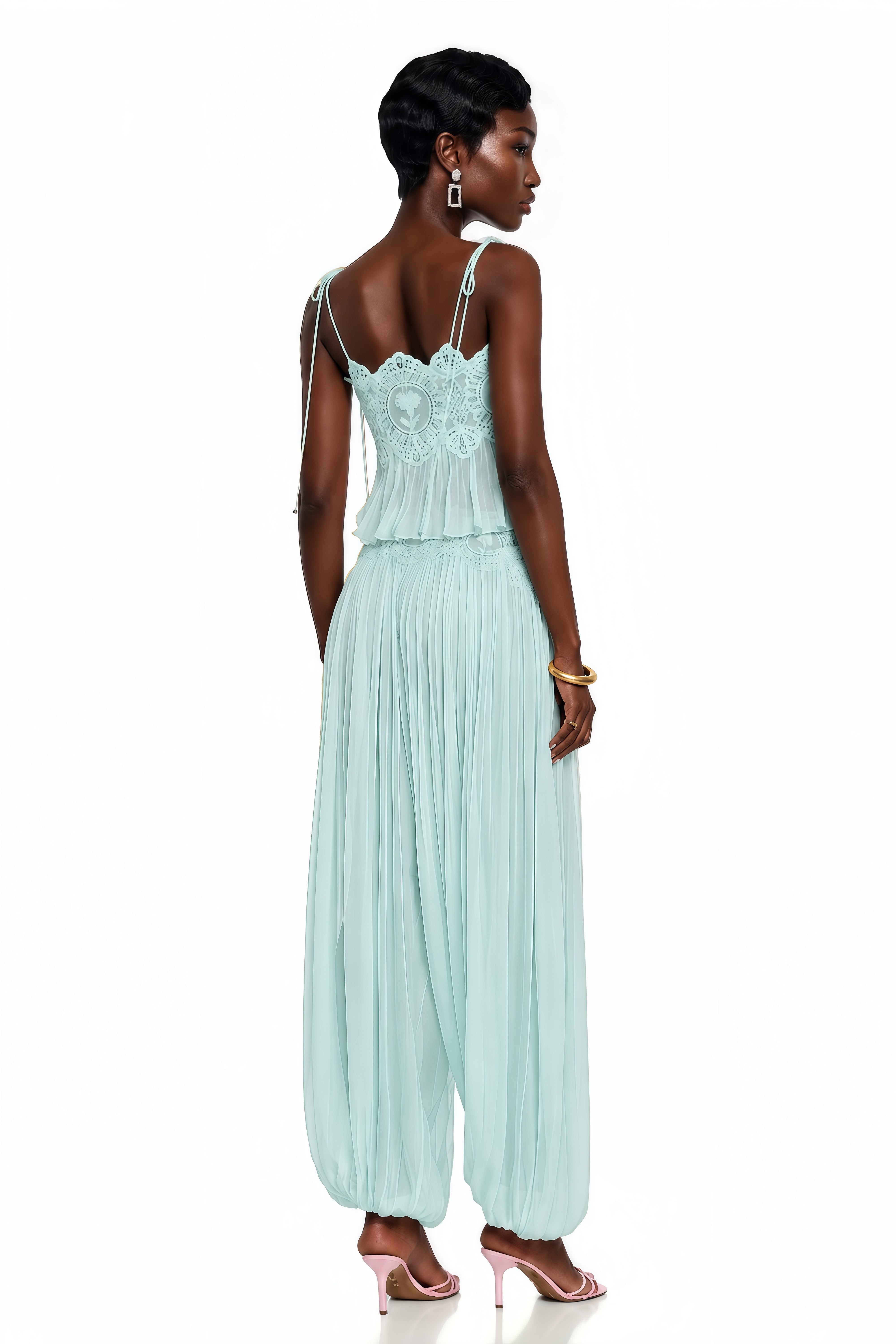 Kamila Mint Green Lace Trim Ruched Top & Trouser Set