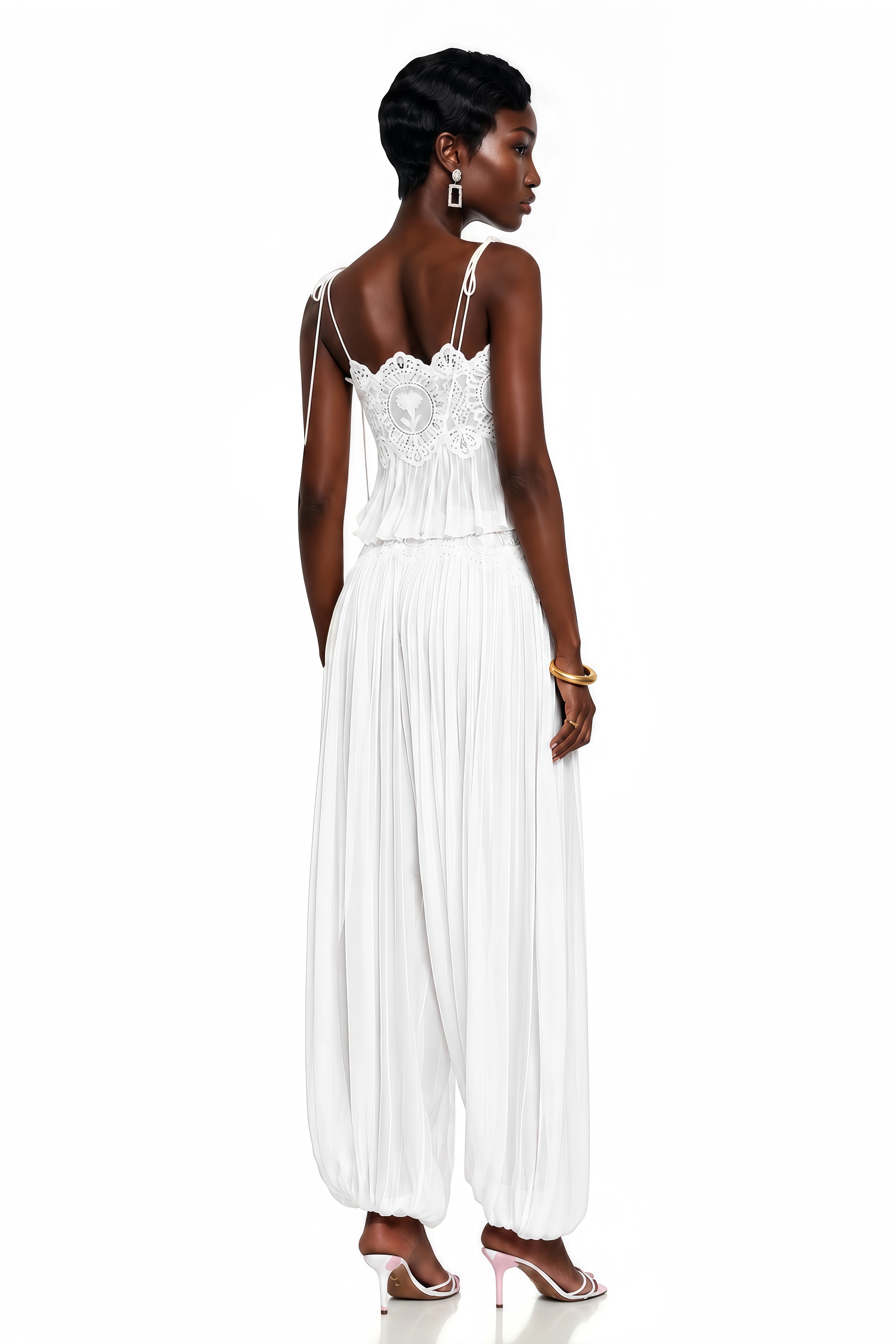 Kamila White Lace Trim Ruched Top & Trouser Set