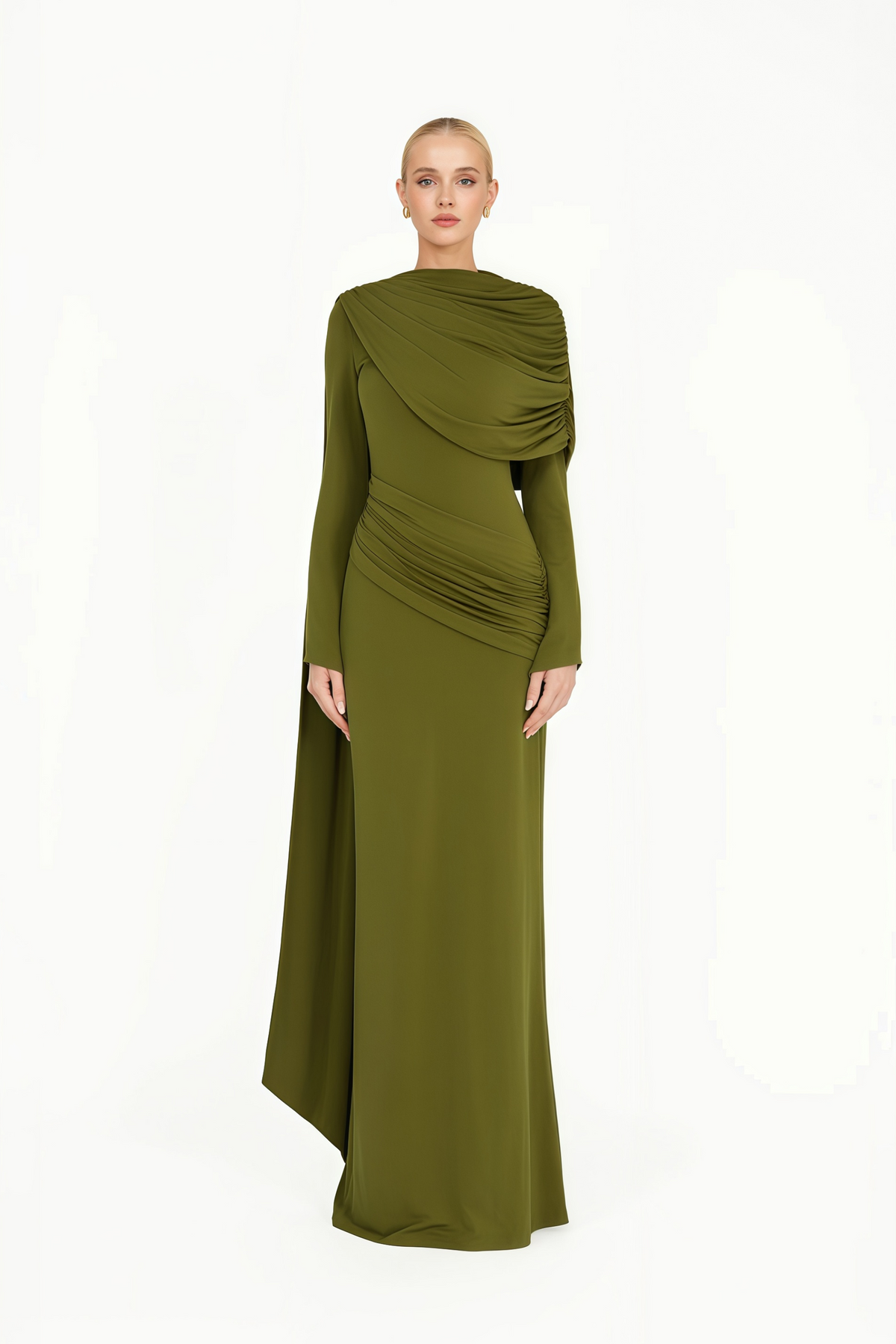 Kjersti Green Asymmetrical Ruched Maxi Dress, L / Green