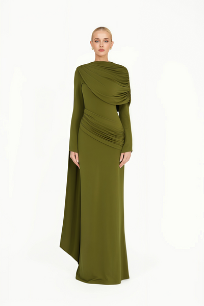 Kjersti Green Asymmetrical Ruched Maxi Dress, L / Green Kjersti Green Asymmetrical Ruched Maxi Dress, L / Green