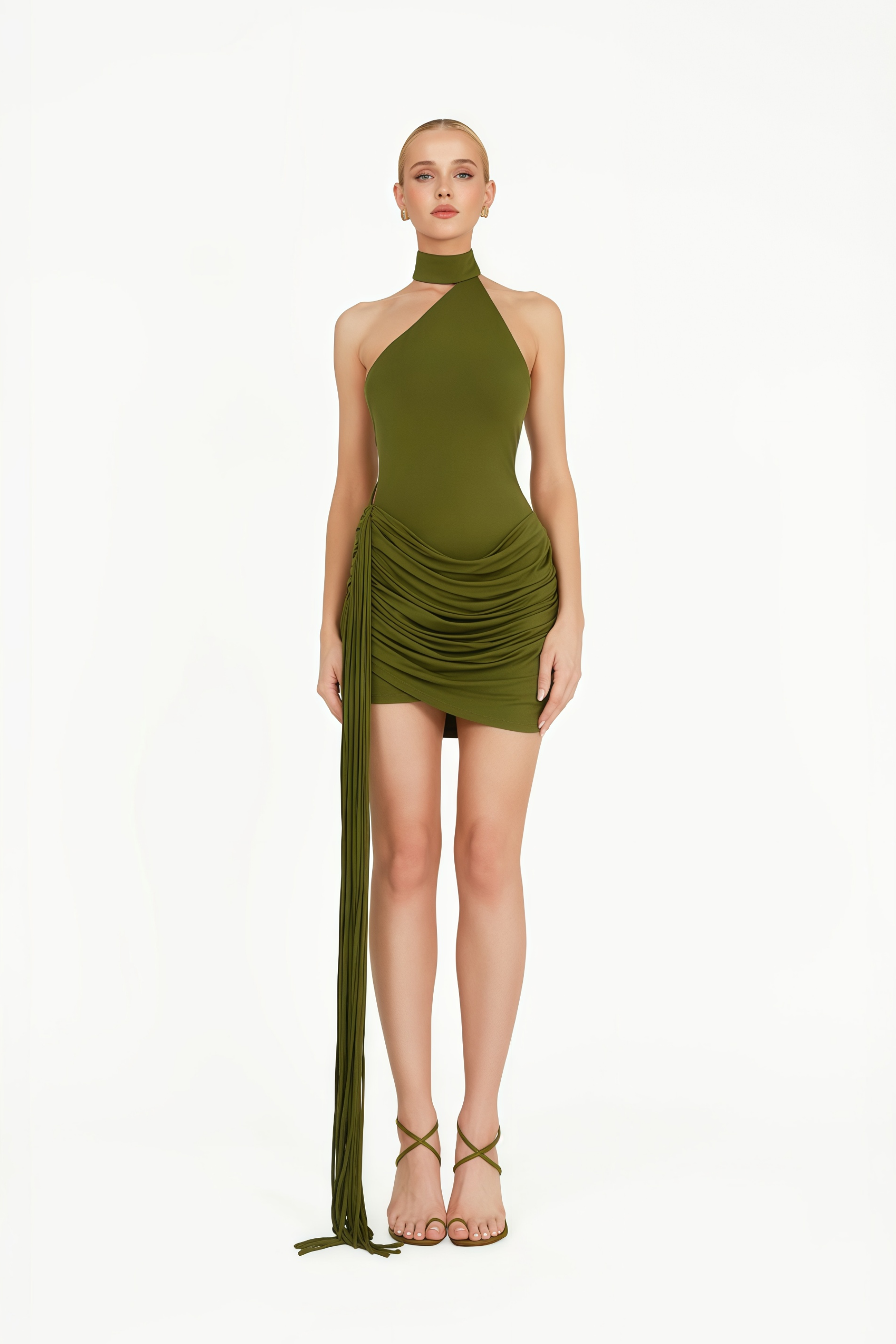 Linnea Green Halteneck Asymmetrisches gerafftes Minikleid 