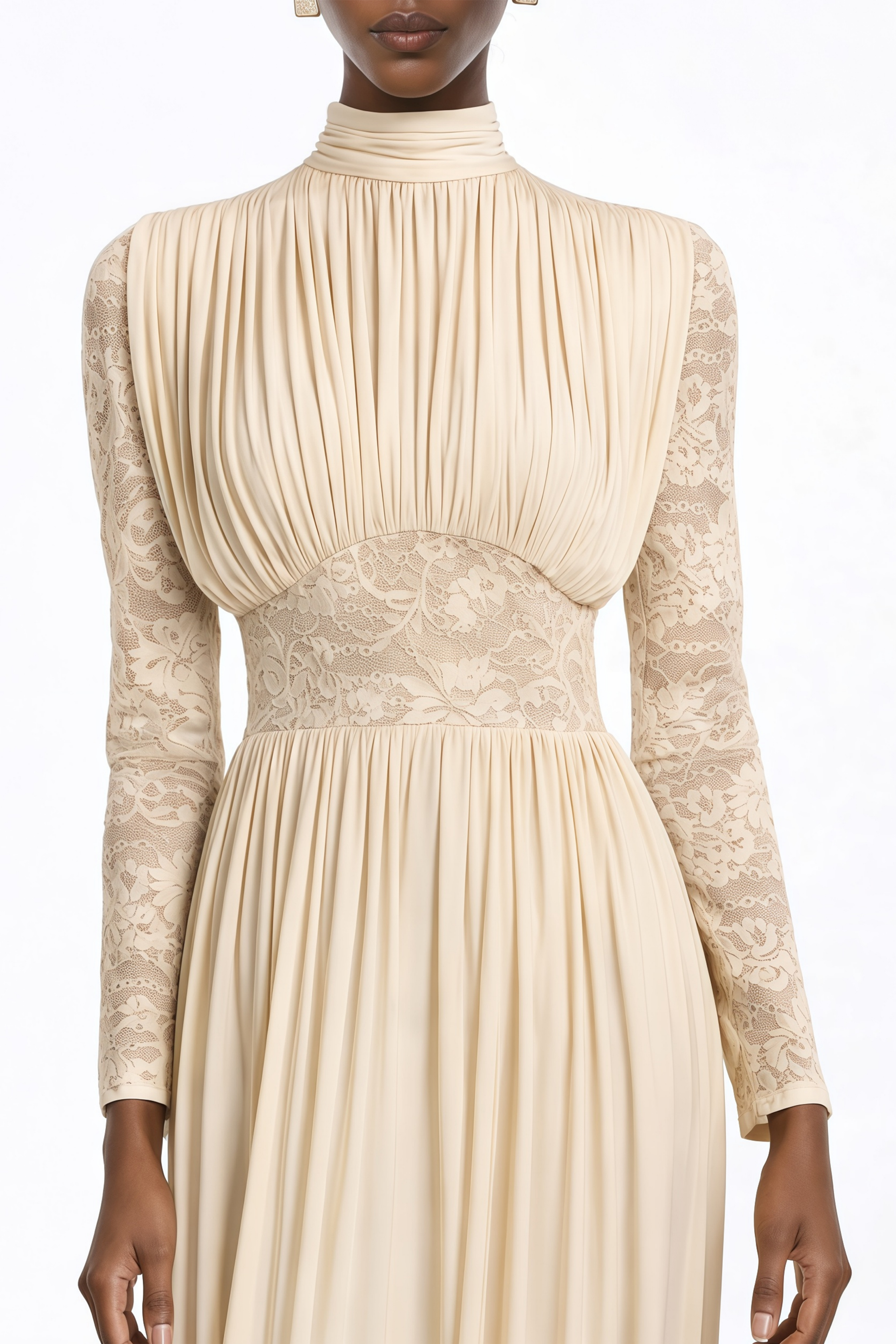 Karine Neutrales Maxikleid mit Spitzenbesatz und Rüschen