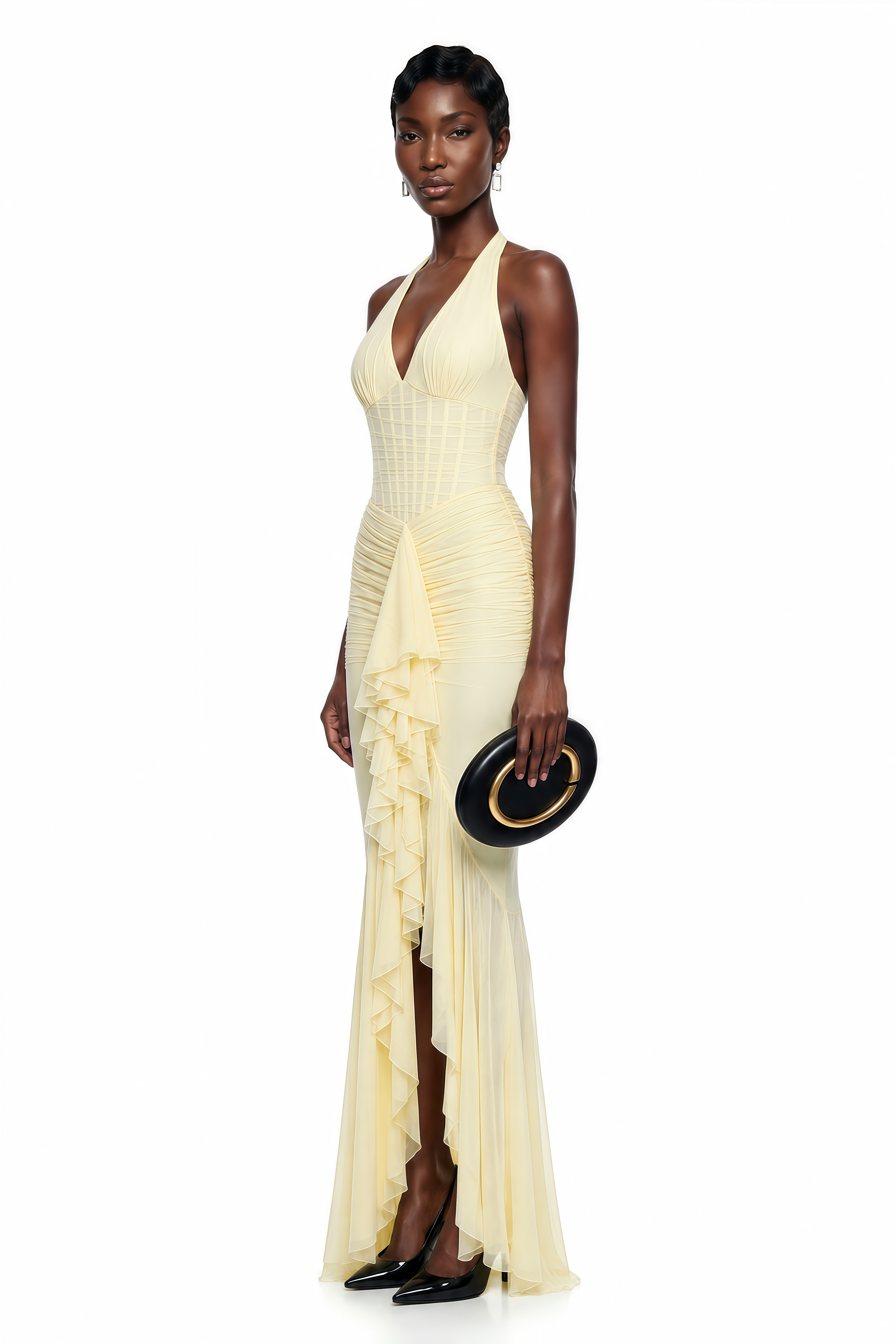 Katarina Butter Yellow Halterneck Ruched Maxi Dress