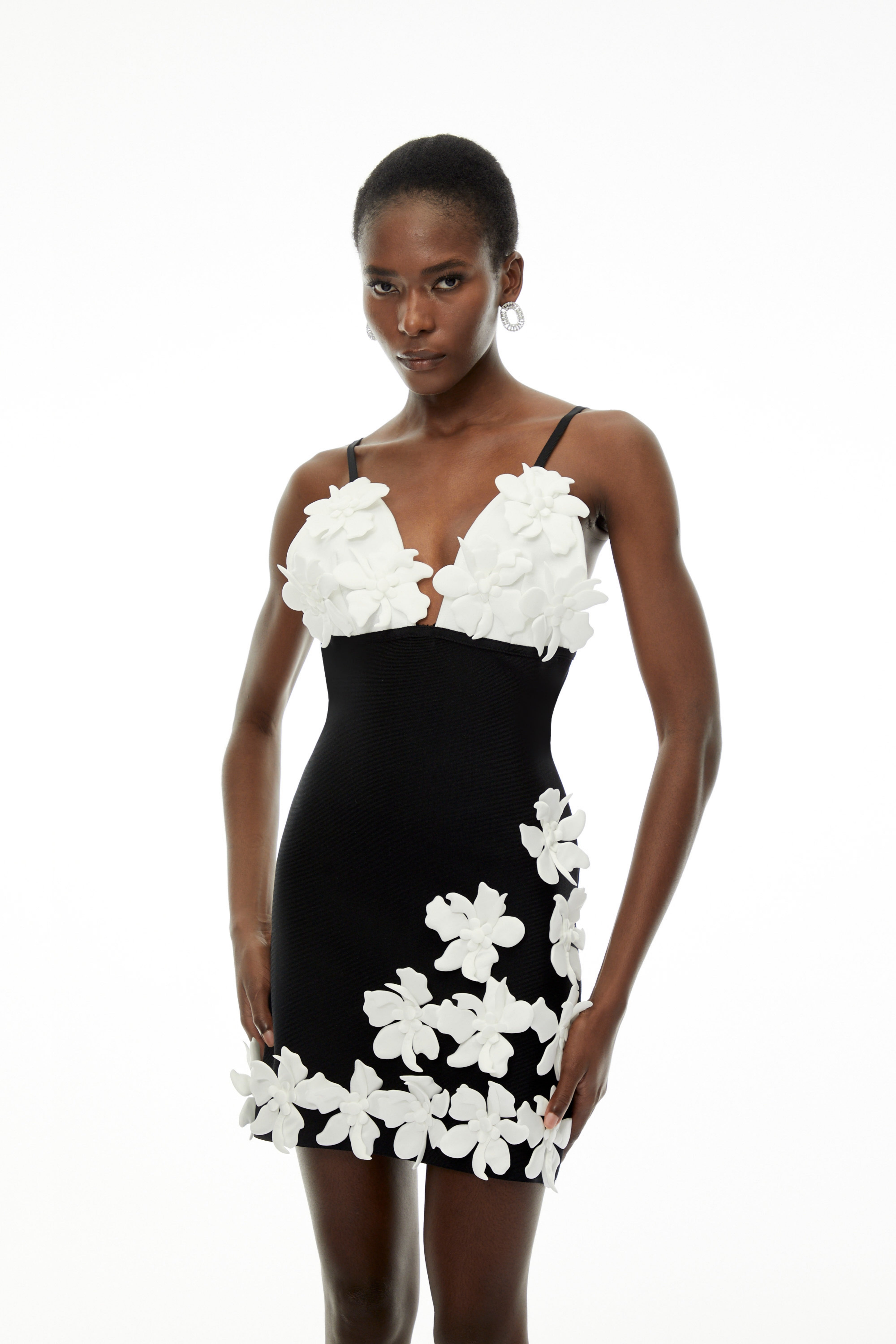 Kate Black Mini Dress with Spaghetti Straps and 3D Petals