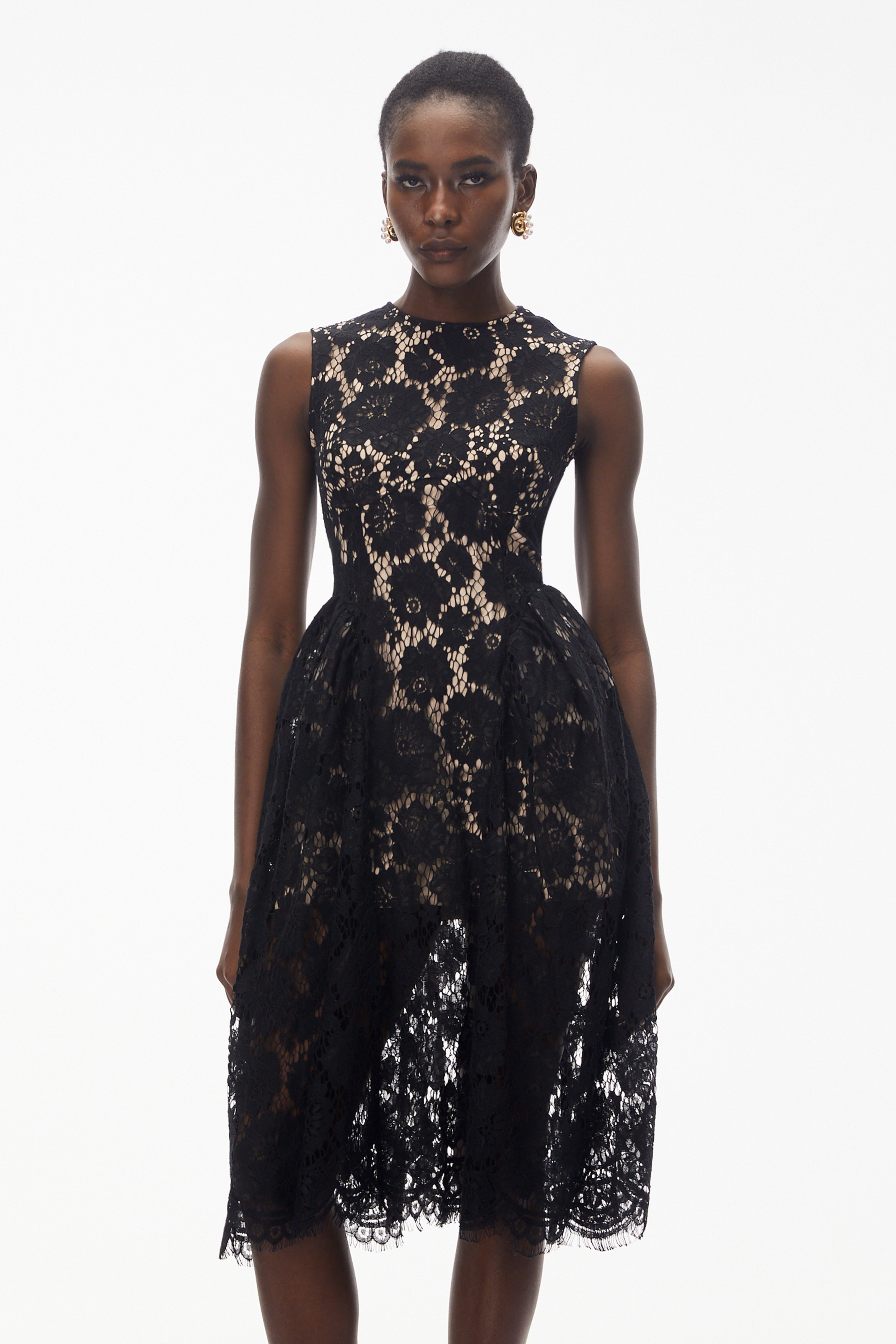 Katherine Black Sleeveless Floral Lace Midi Dress