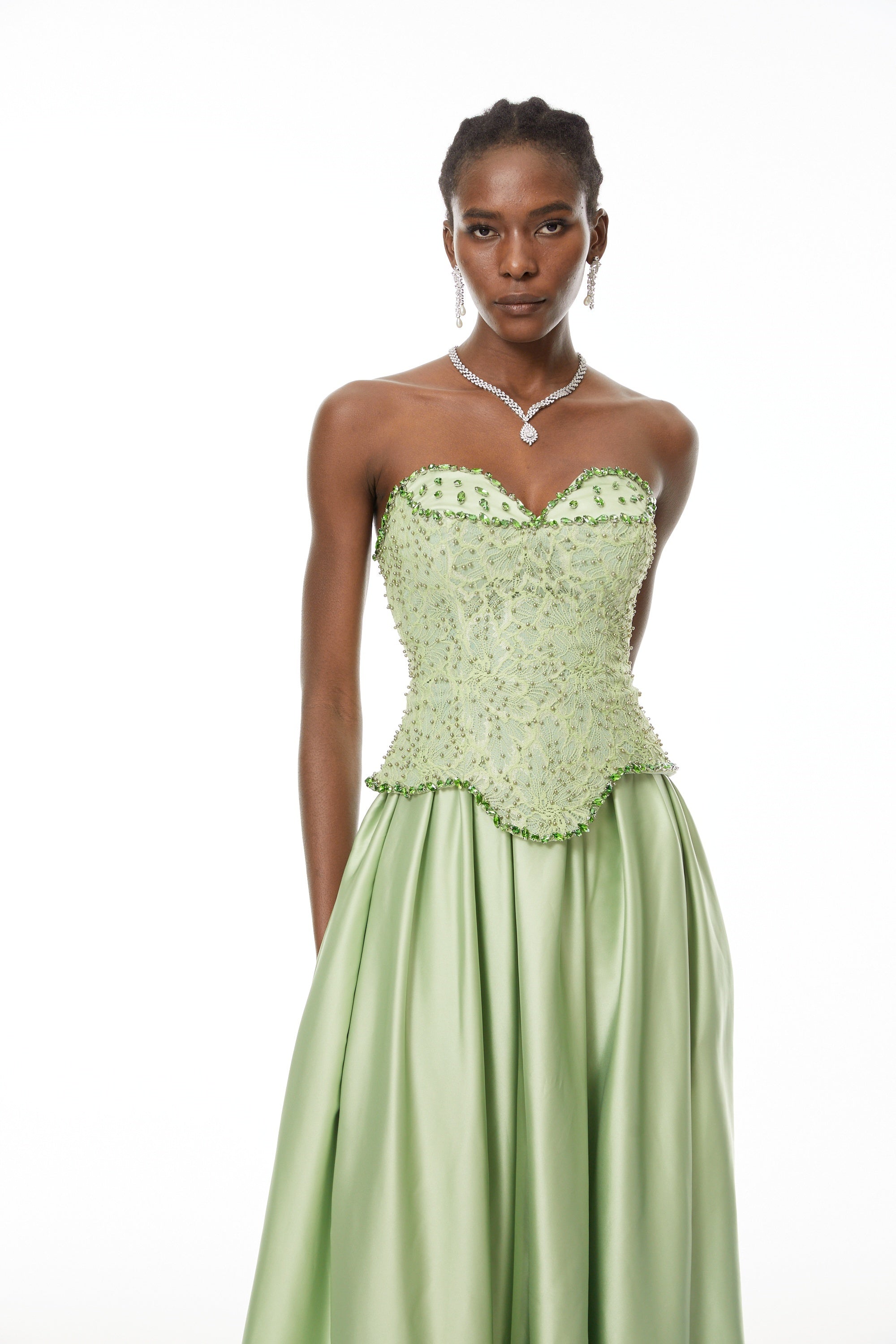 Kathrin Green Embellished Satin Panel Maxi Dress