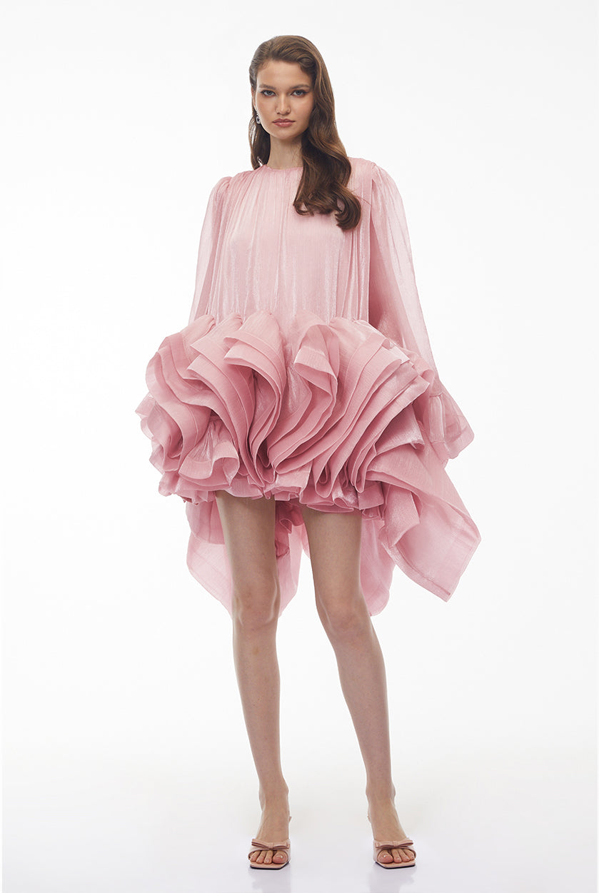 Pink organza high-low mini dress featuring a pleated bodice and a dramatic multi-layered ruffled skirt