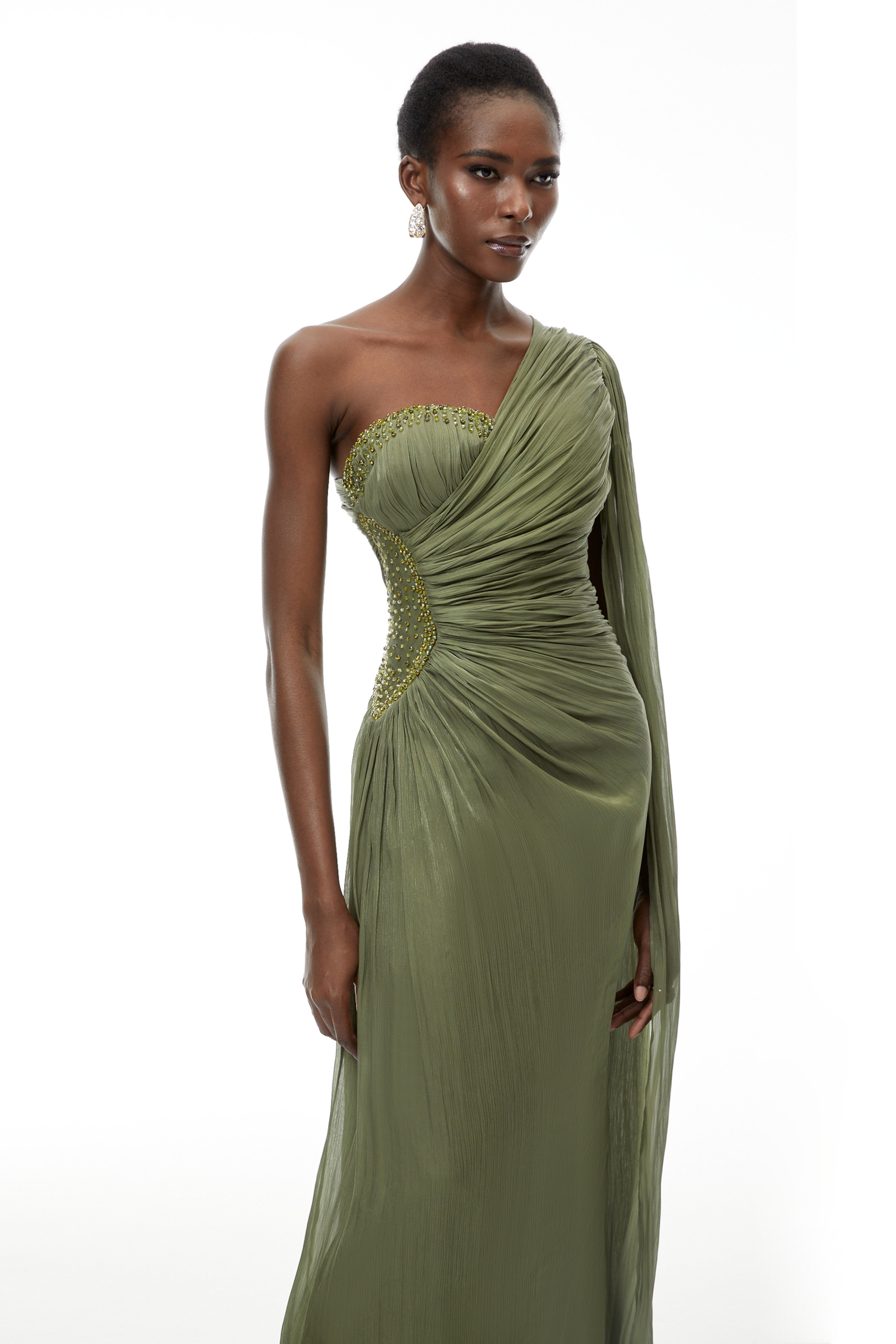 Green One Shoulder Ruched Maxi Dress