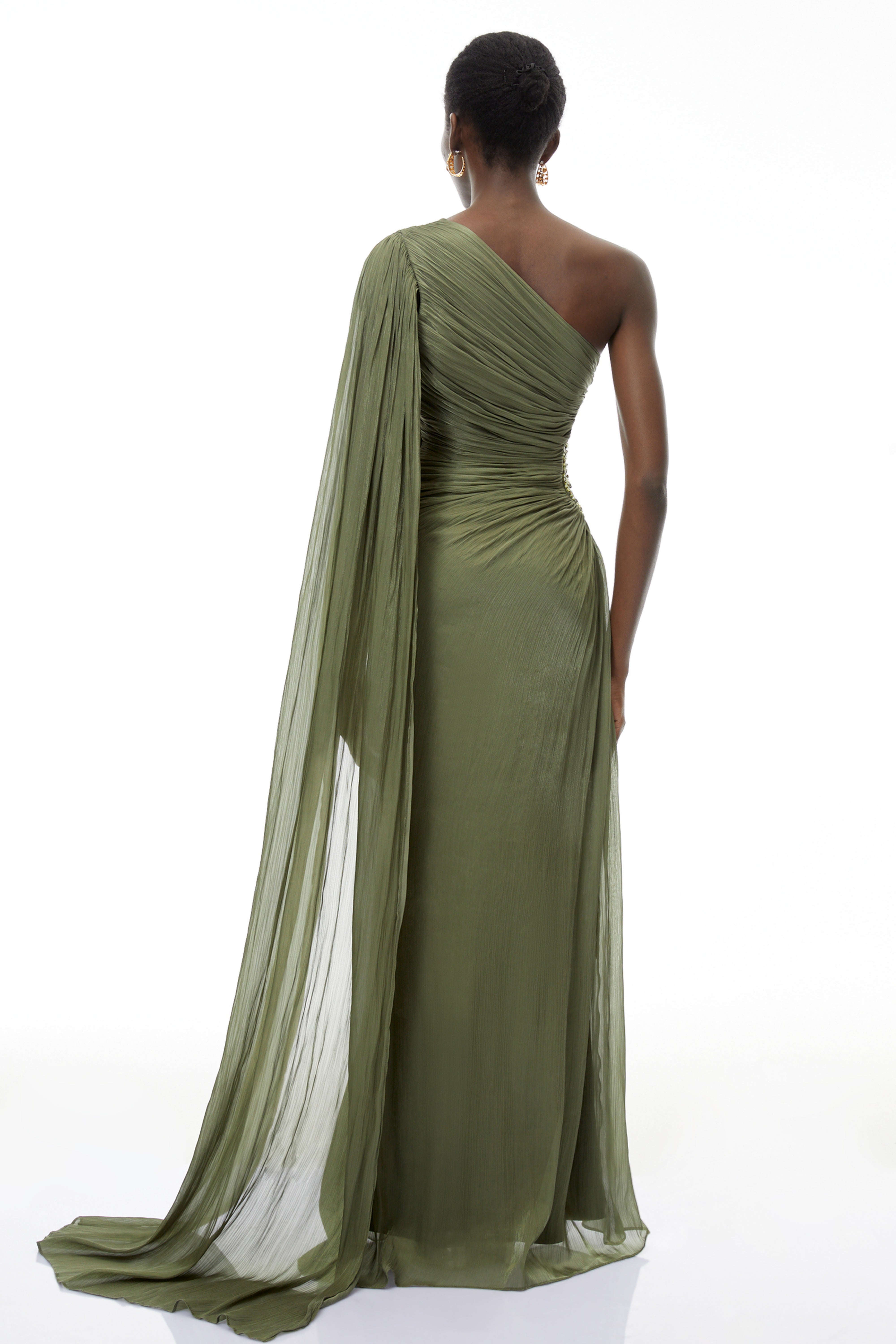 Green One Shoulder Ruched Maxi Dress