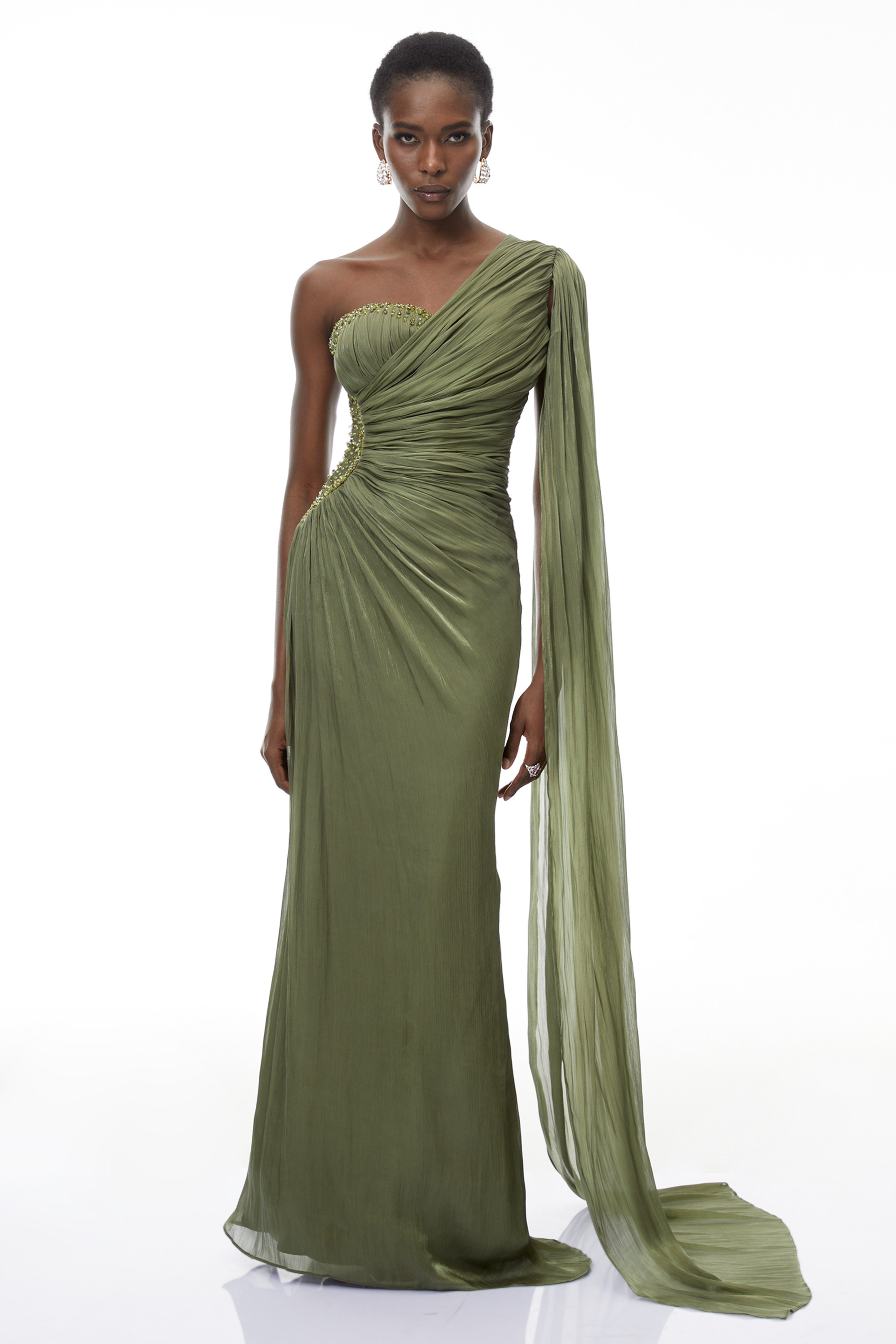 Green One Shoulder Ruched Maxi Dress