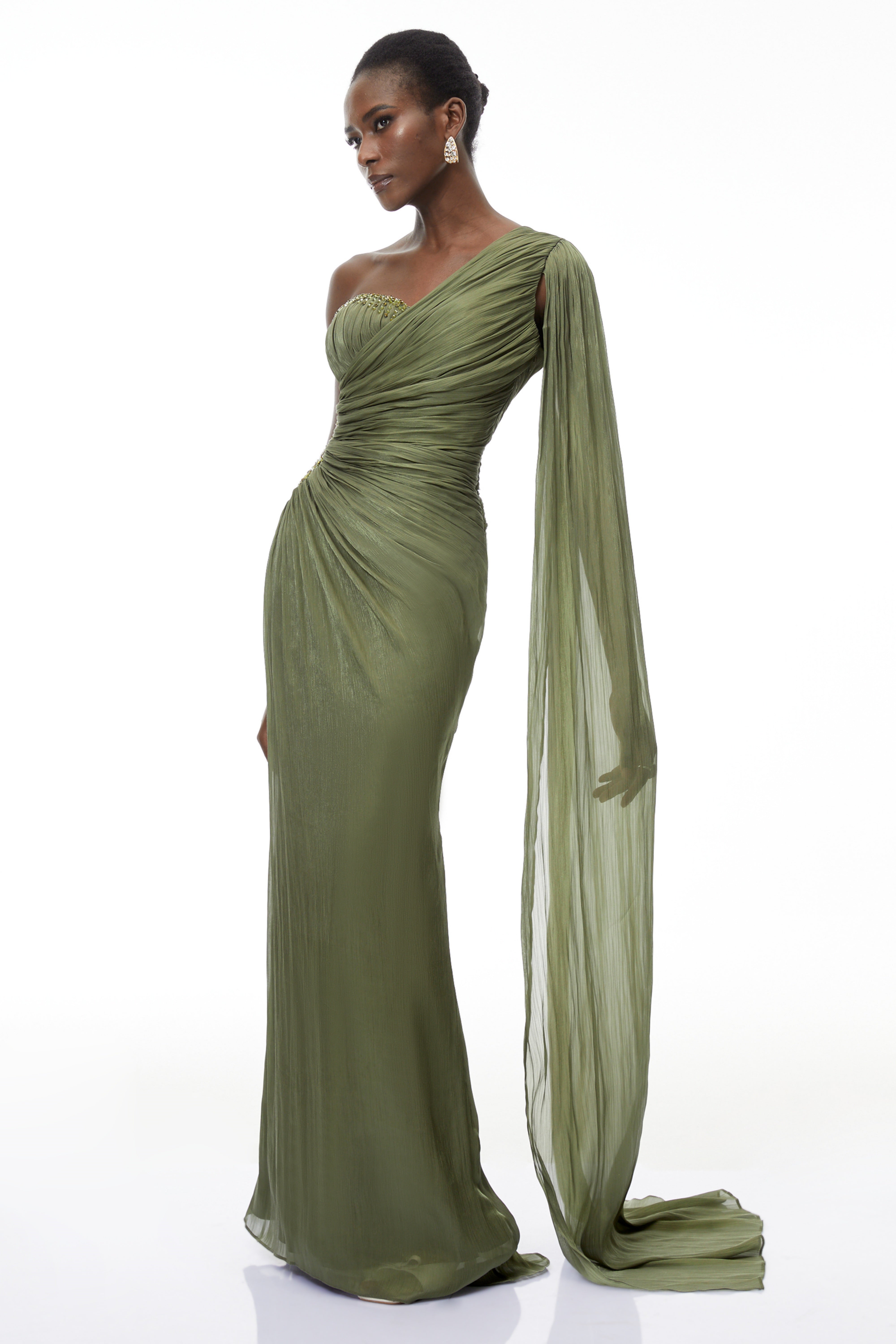 Green One Shoulder Ruched Maxi Dress