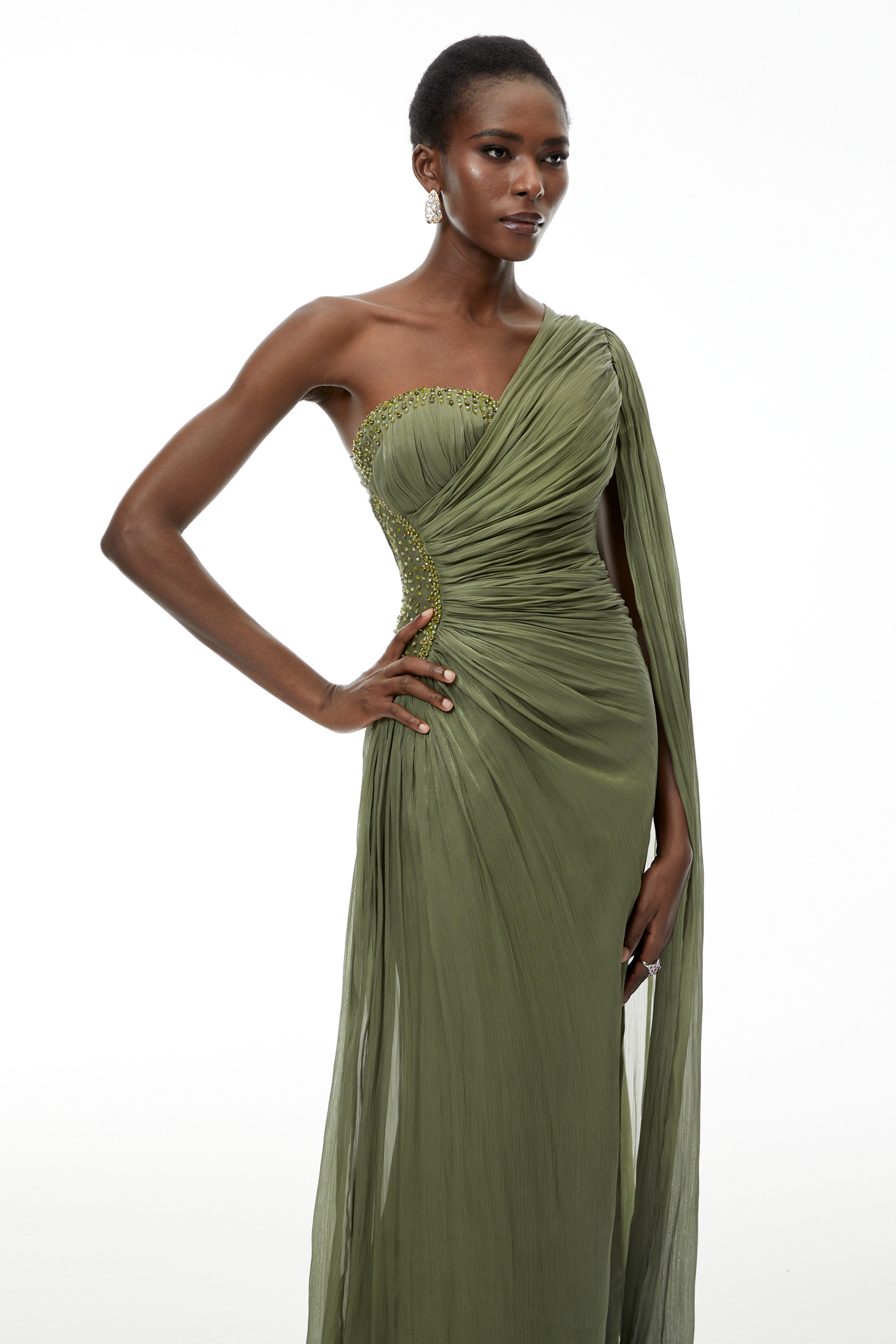 Green One Shoulder Ruched Maxi Dress