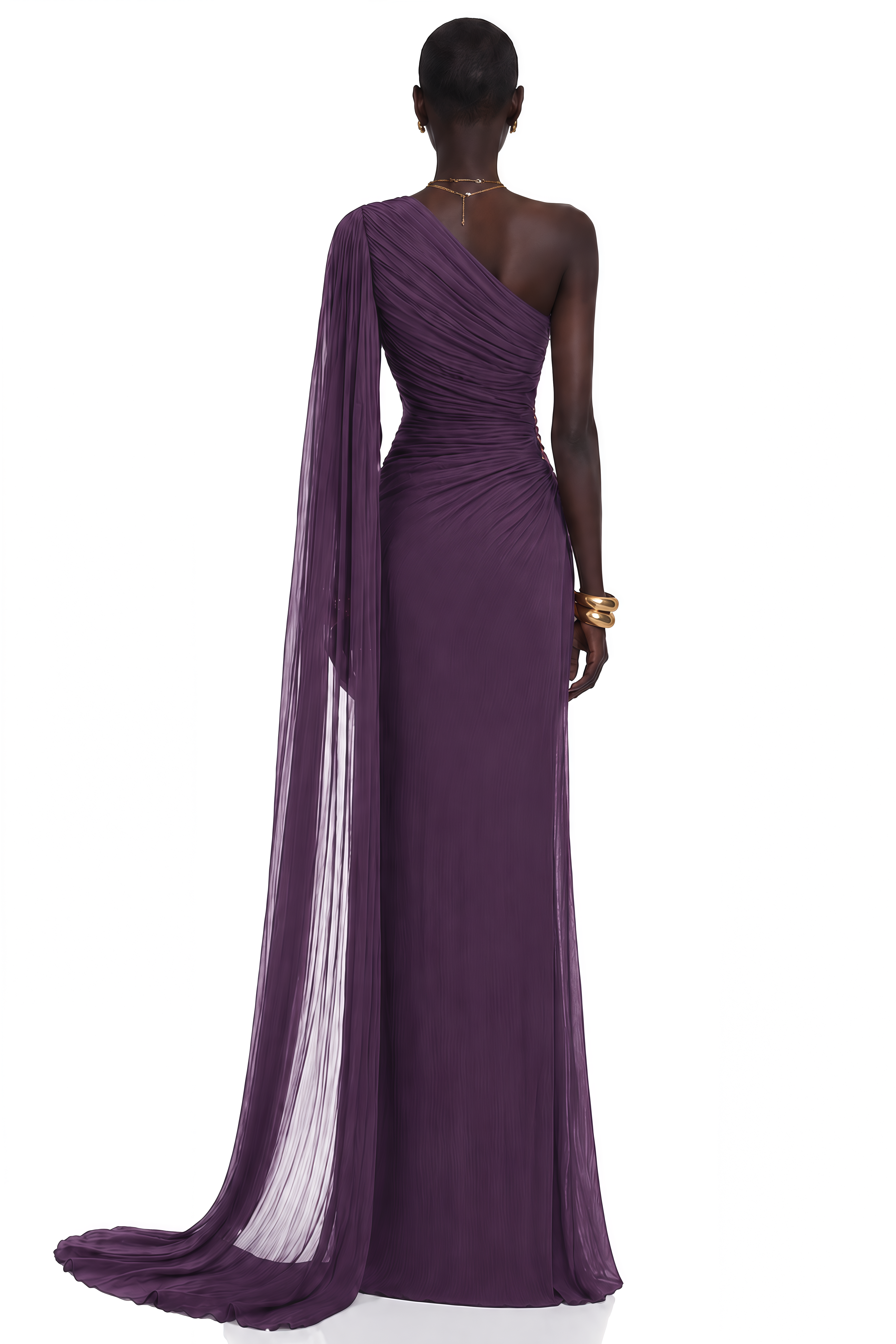 Deep purple one-shoulder maxi dress with a draped cape overlay and side cutout