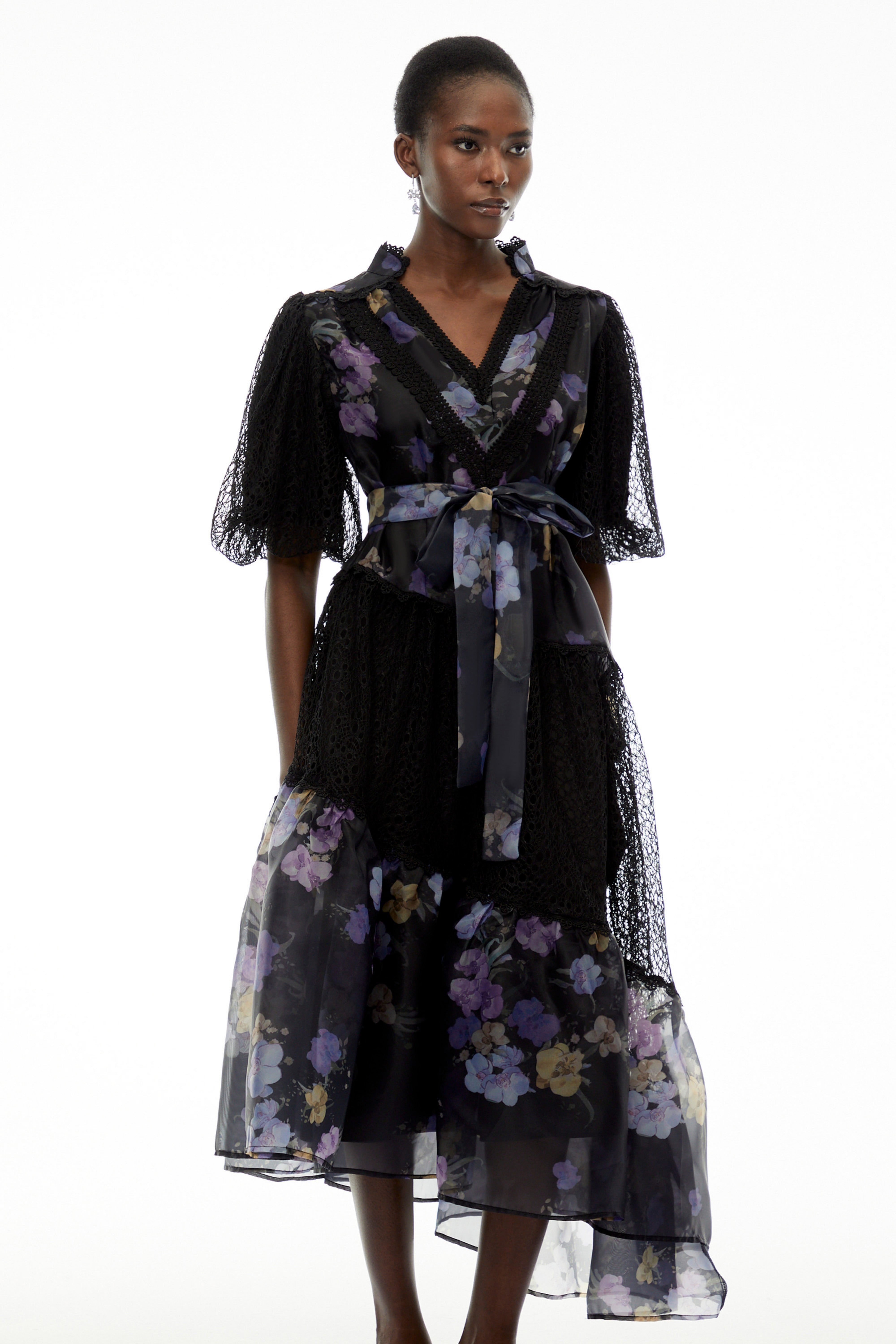 Kelsey Black Puff Sleeve Midi Dress with Floral Applique