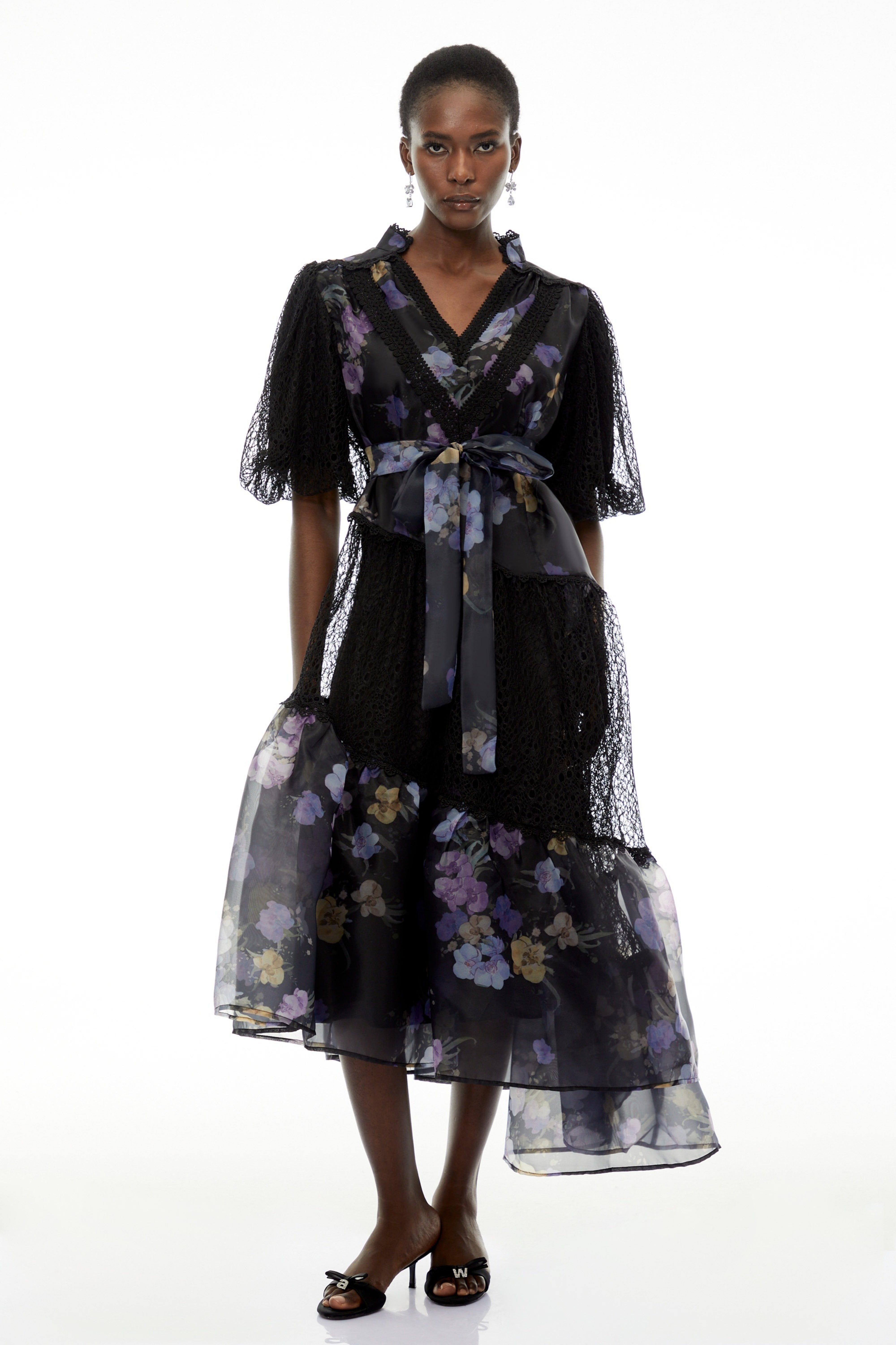 Kelsey Black Puff Sleeve Midi Dress with Floral Applique