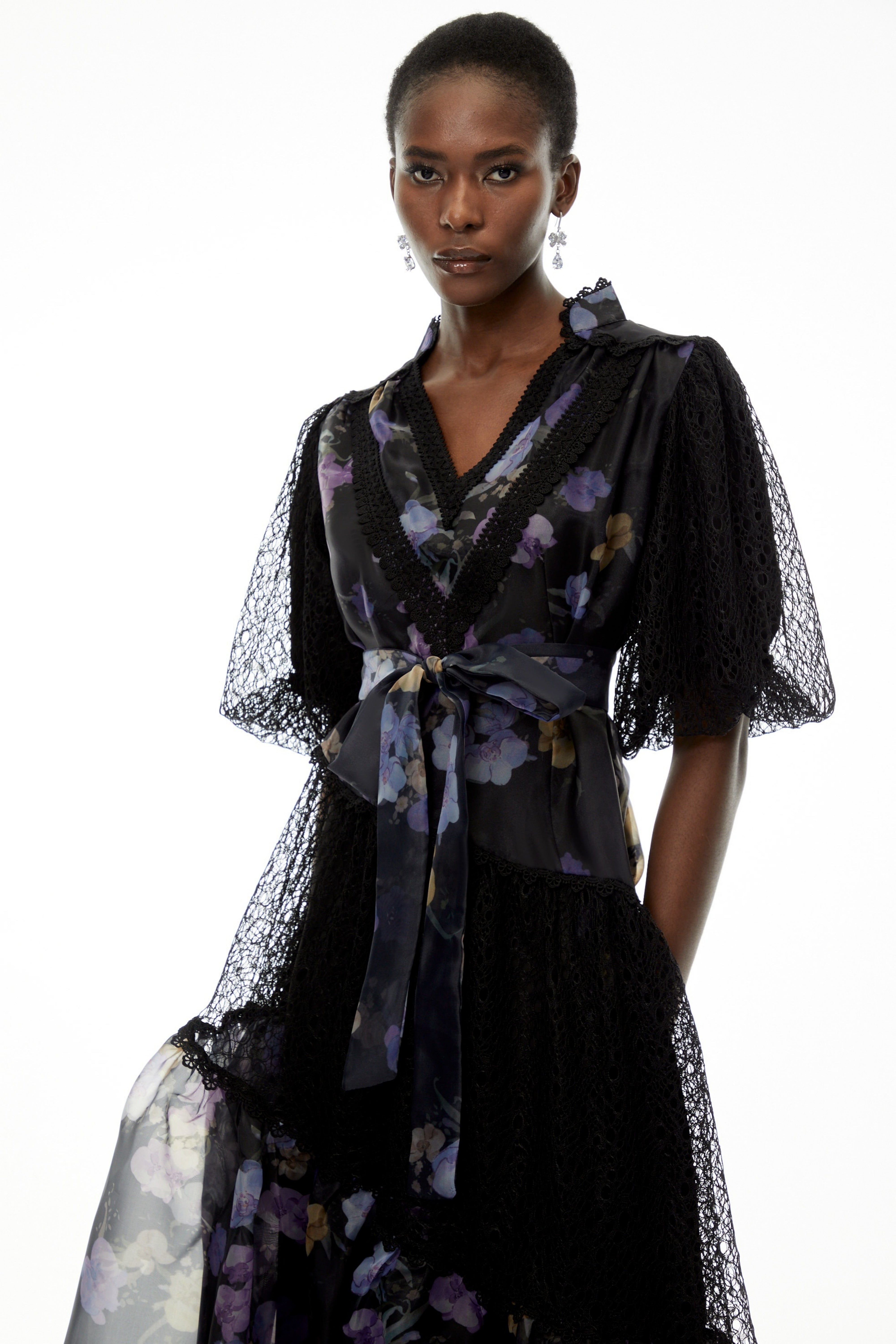 Kelsey Black Puff Sleeve Midi Dress with Floral Applique