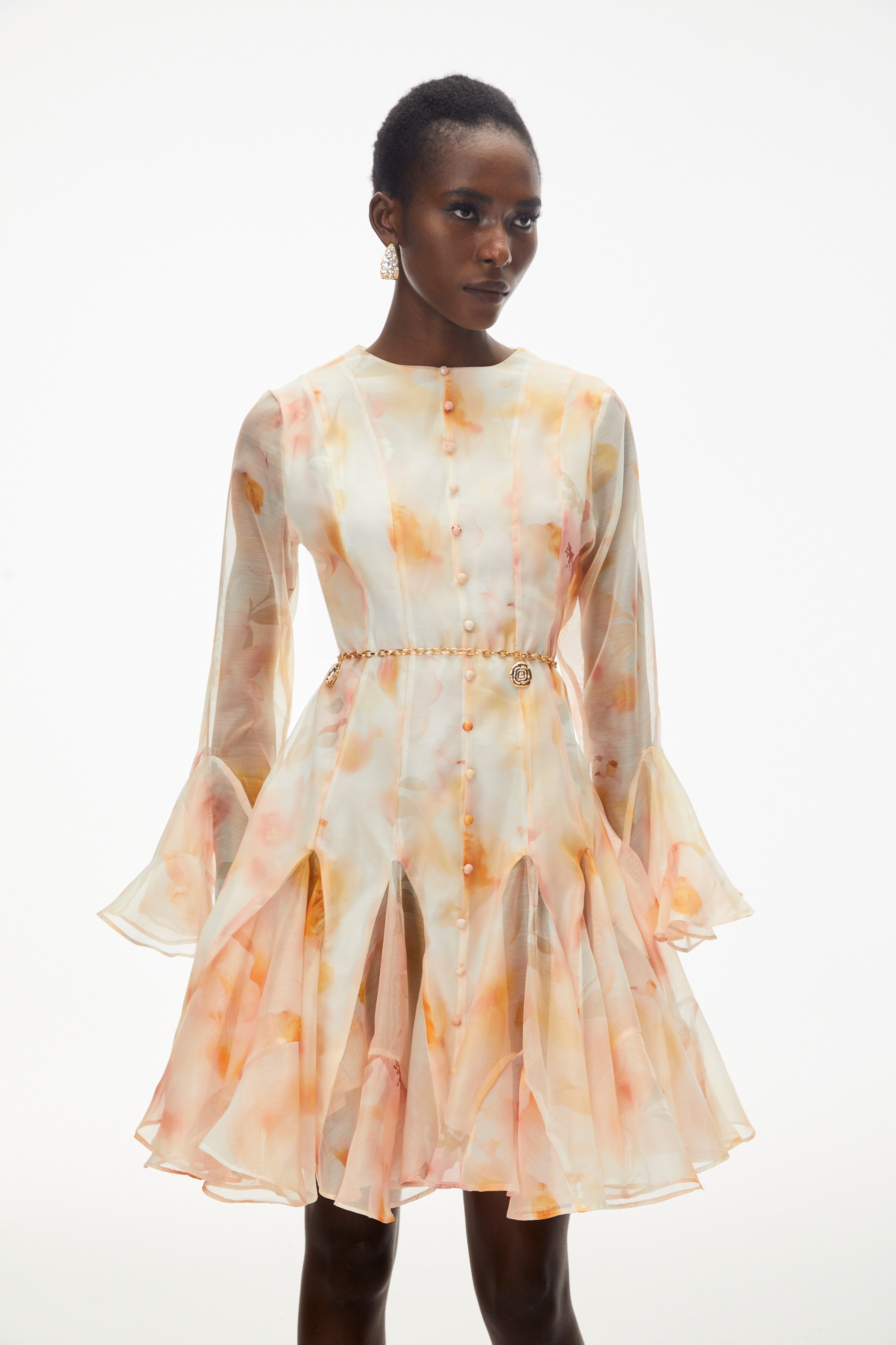 Midi-Kleid mit Pfirsich-Blumenmuster