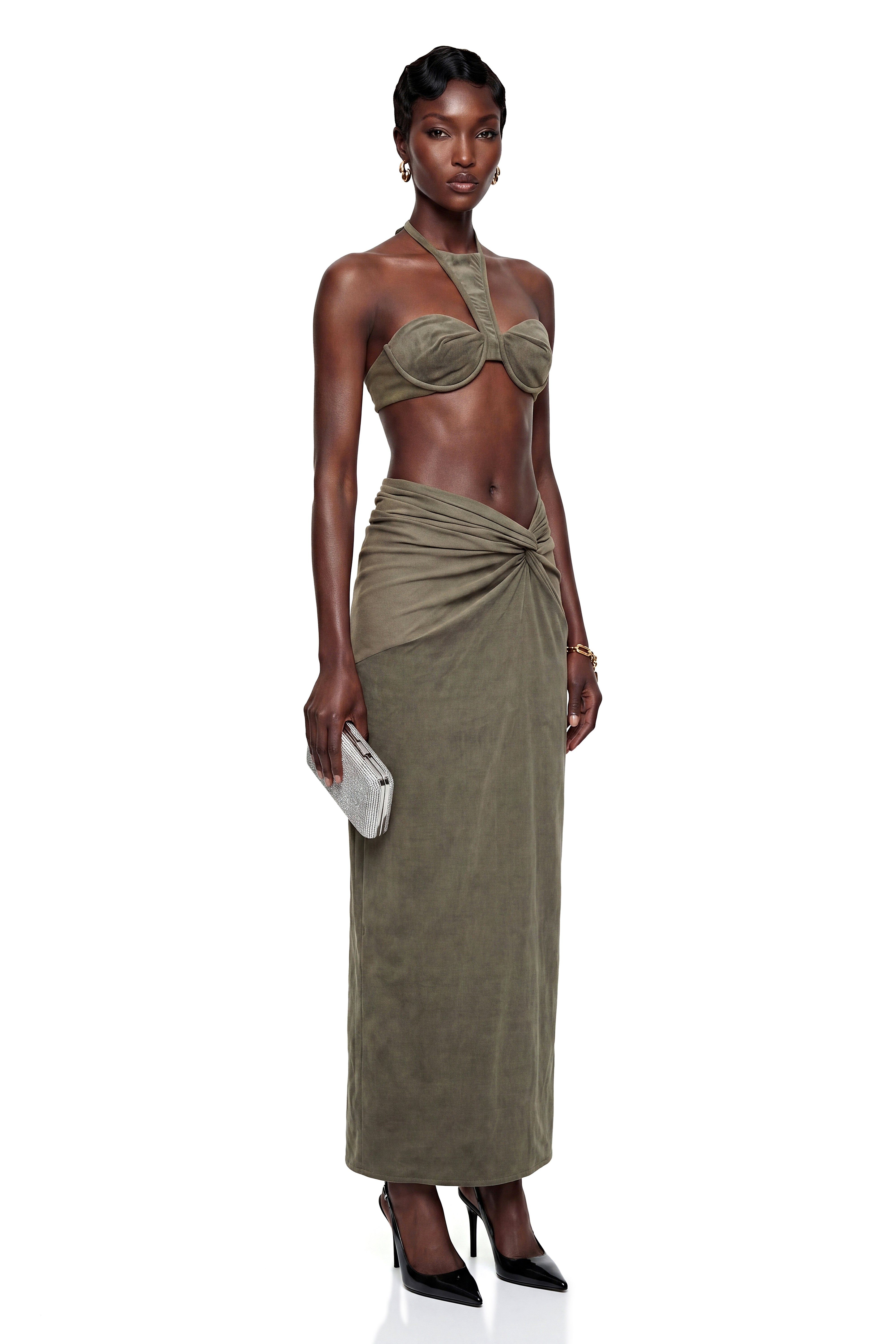 Kerenza Olive Green Corduroy Twist Front Top & Skirt Set