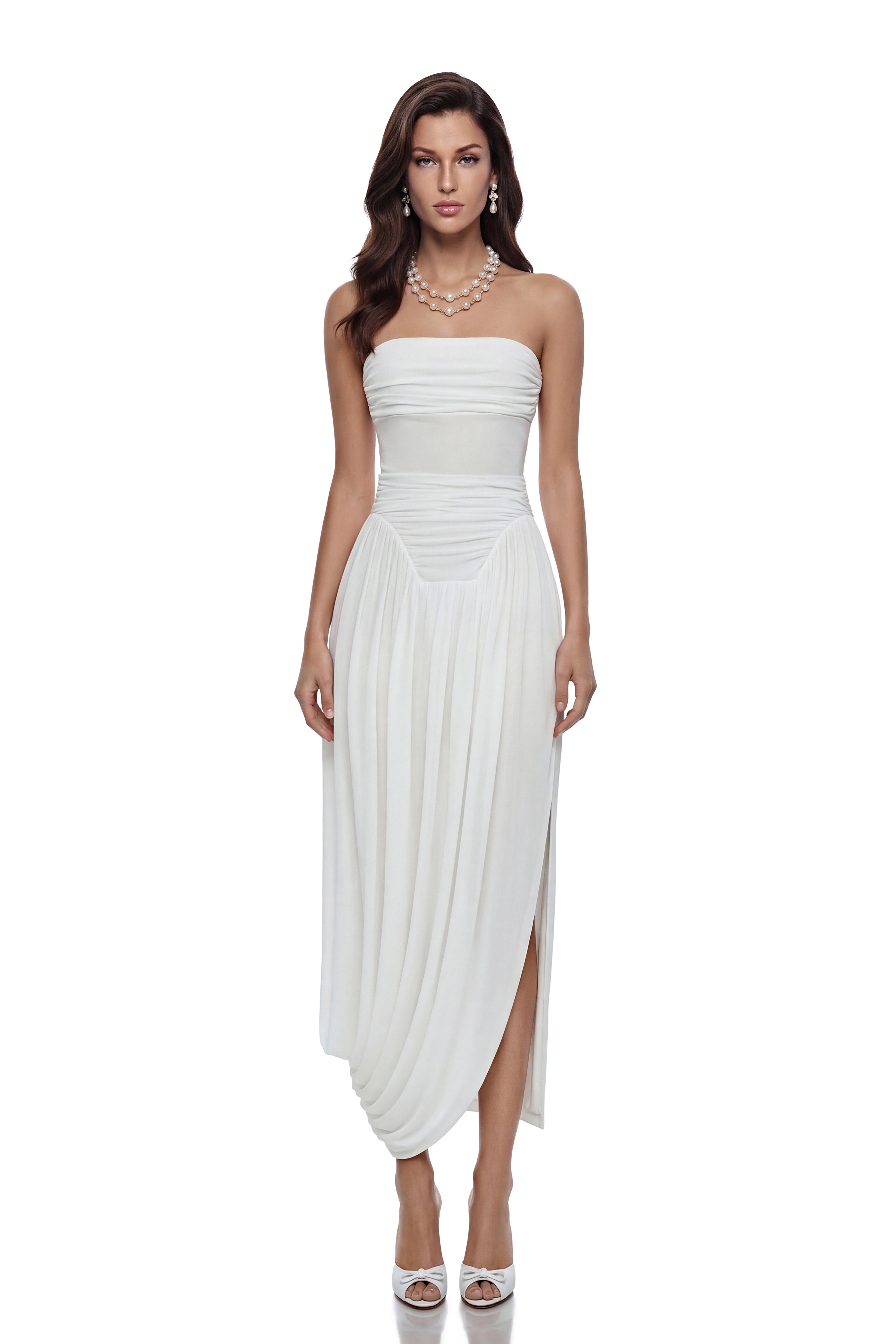 Kiia White Off Shoulder Ruched Midi Dress