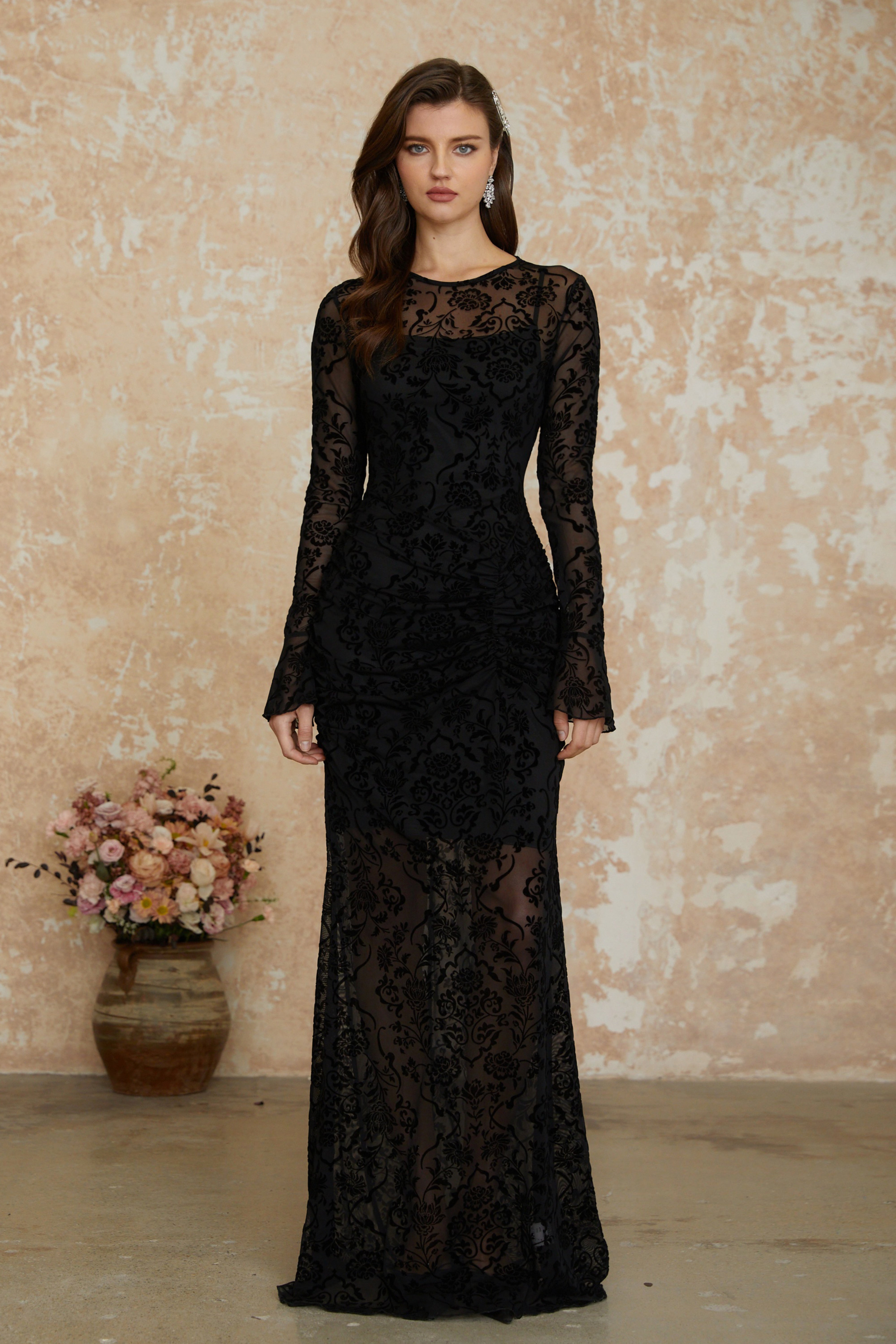 Kismet Black Flocked Floral Ruched Maxi Dress