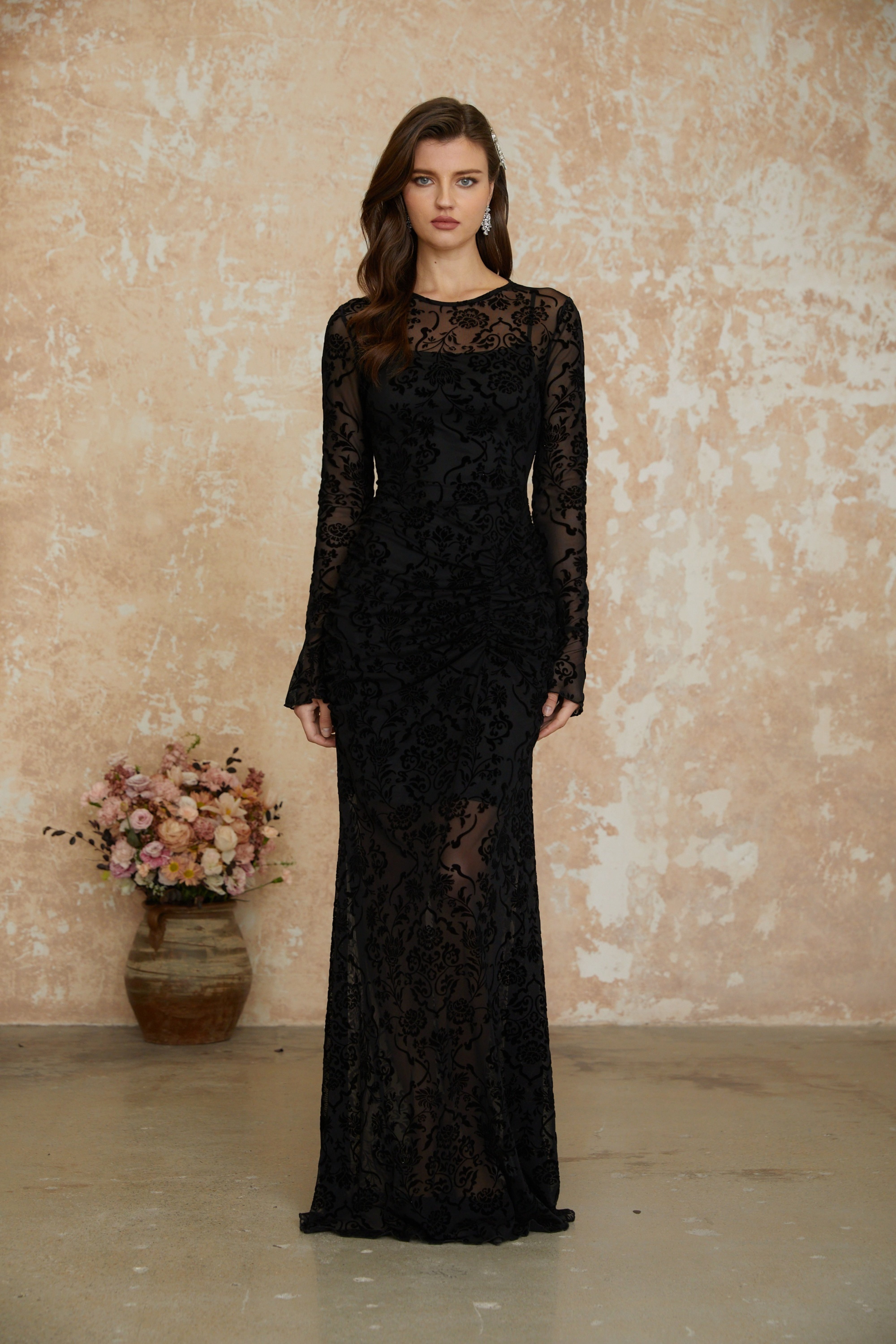 Kismet Black Flocked Floral Ruched Maxi Dress