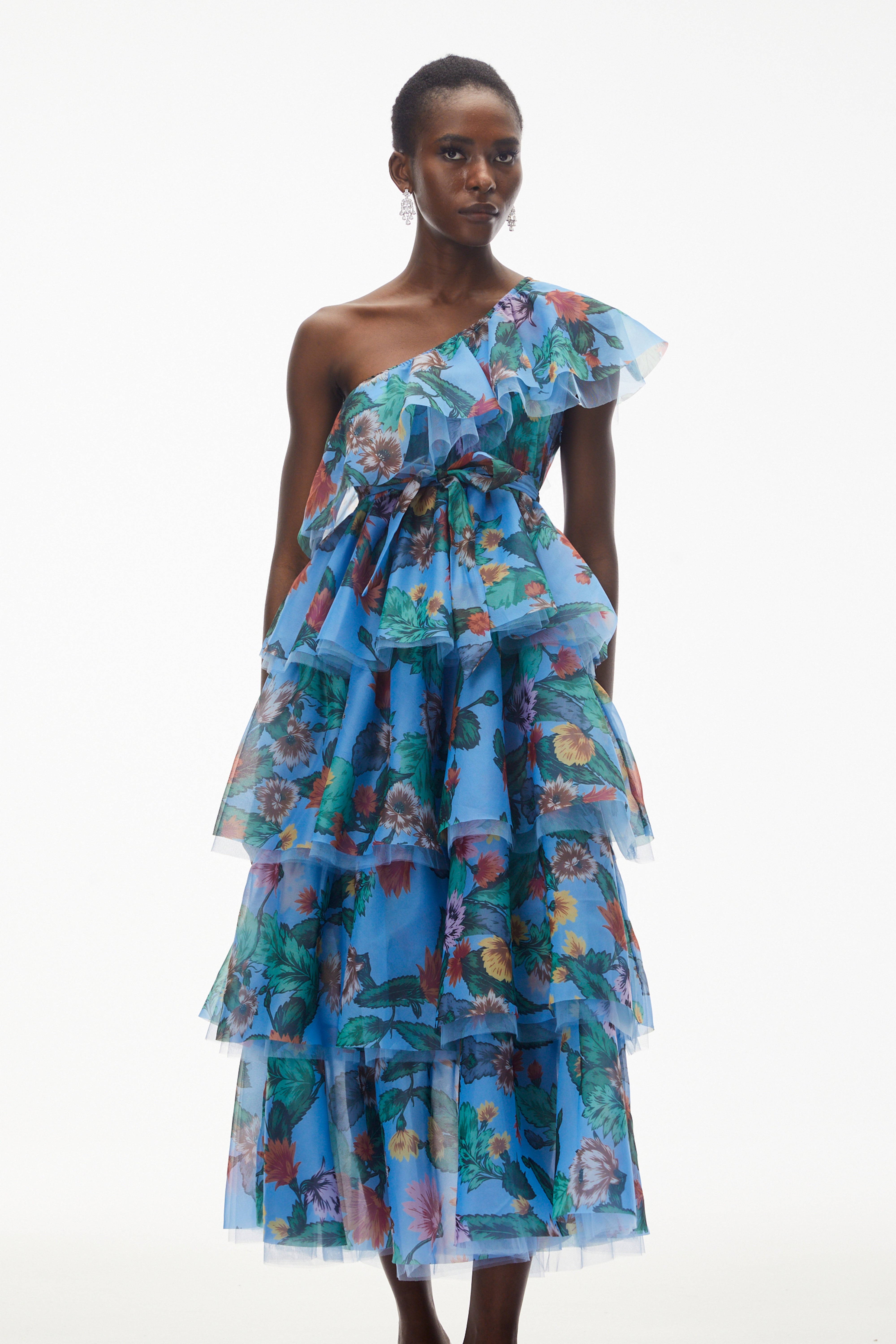 Kulthum Blue One Shoulder Floral Print Maxi Dress