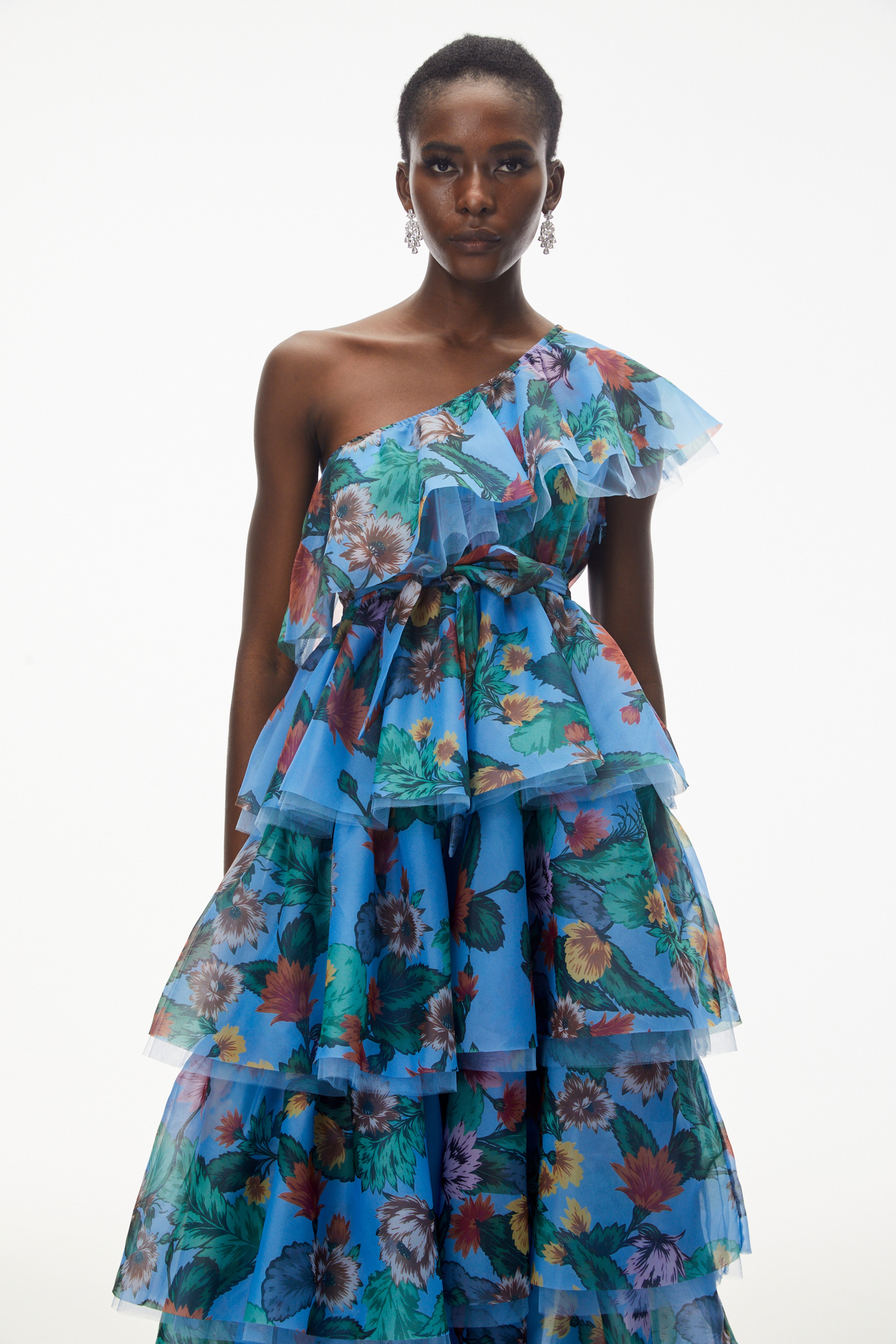 Kulthum Blue One Shoulder Floral Print Maxi Dress