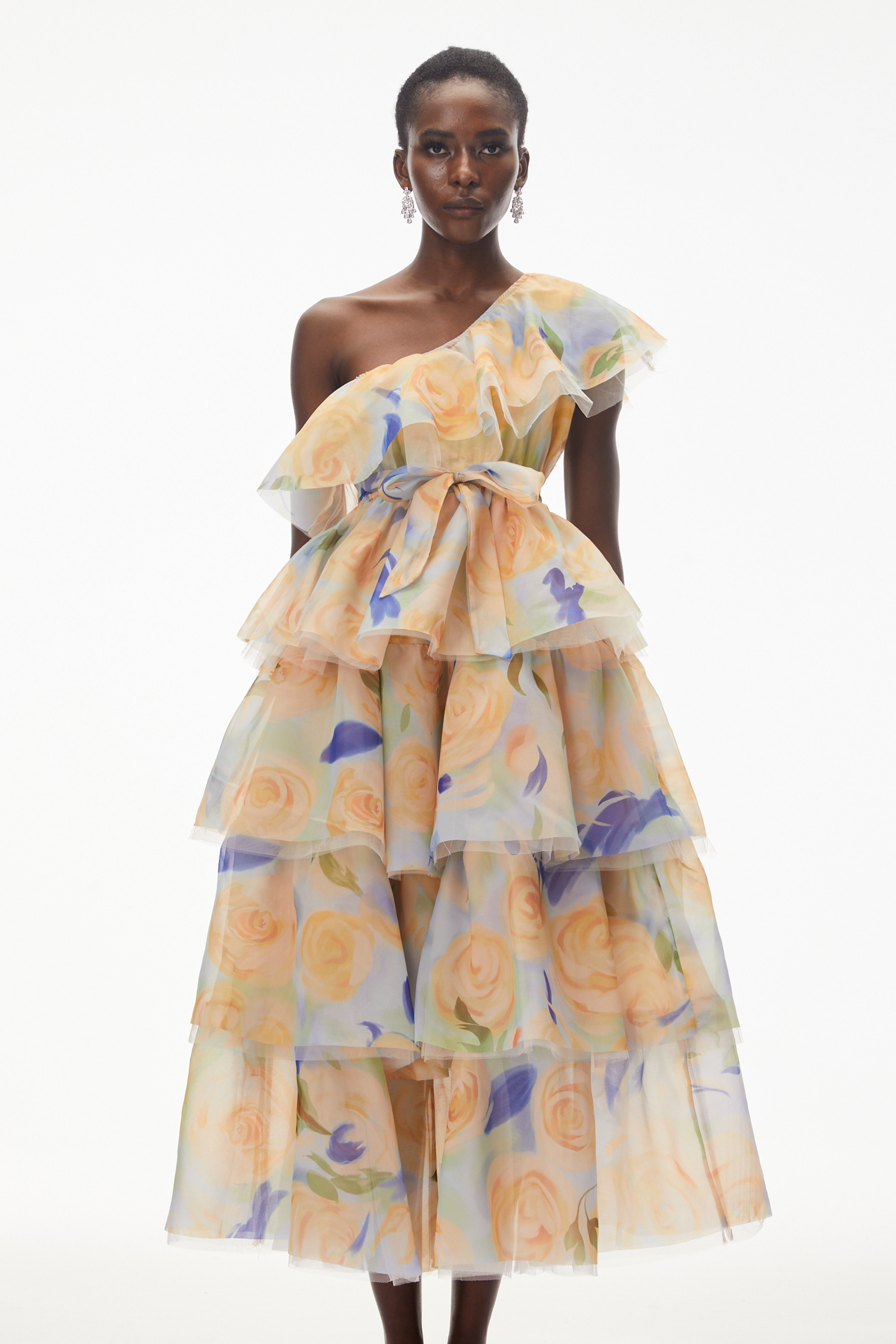 Kulthum Yellow One Shoulder Floral Print Maxi Dress