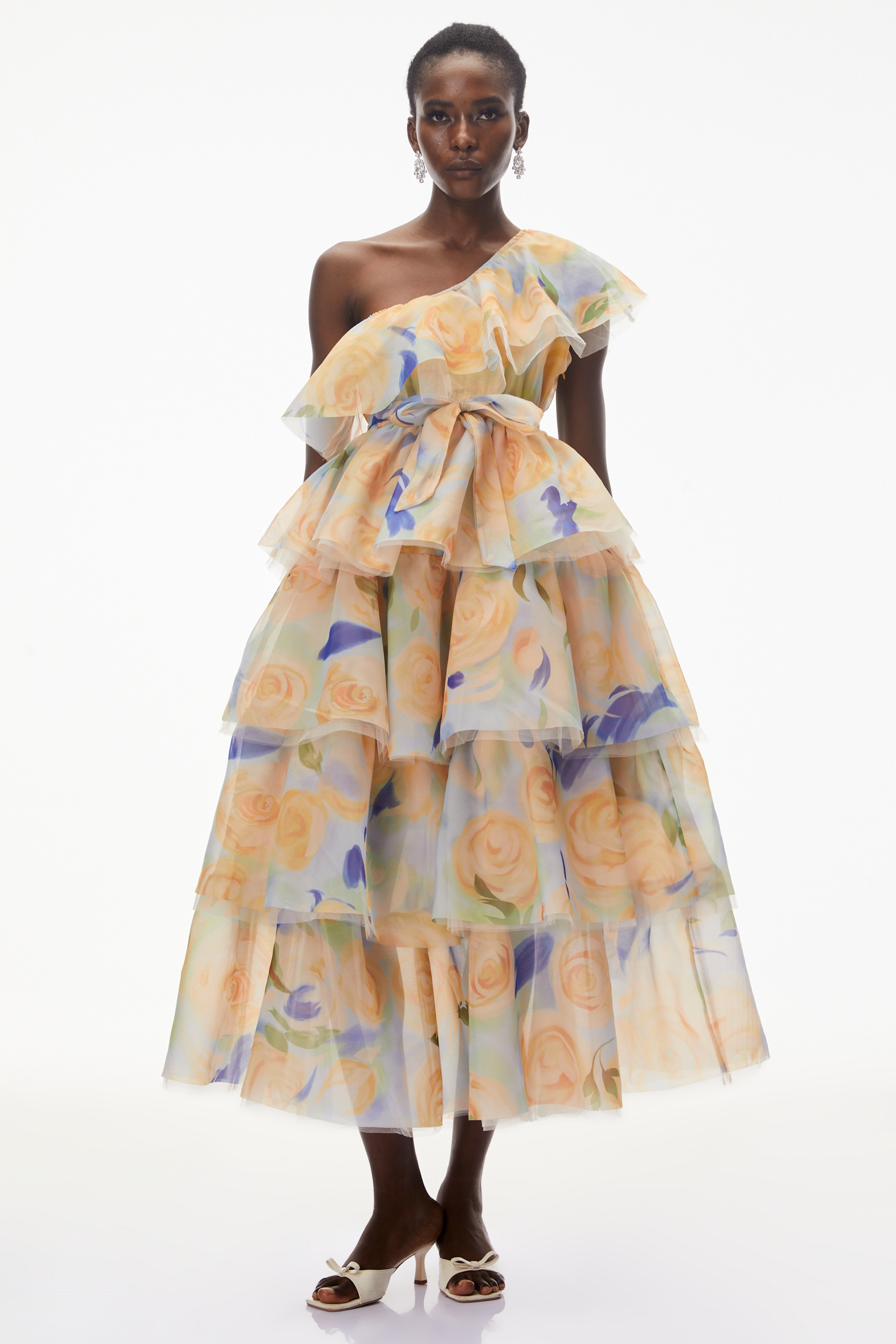 Kulthum Yellow One Shoulder Floral Print Maxi Dress