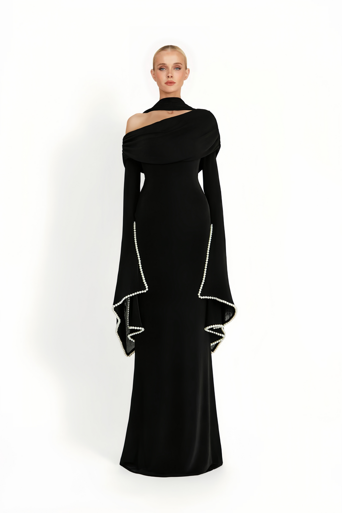 black grover maxi dress Simona Black One Shoulder Pearl Trim Maxi Gown