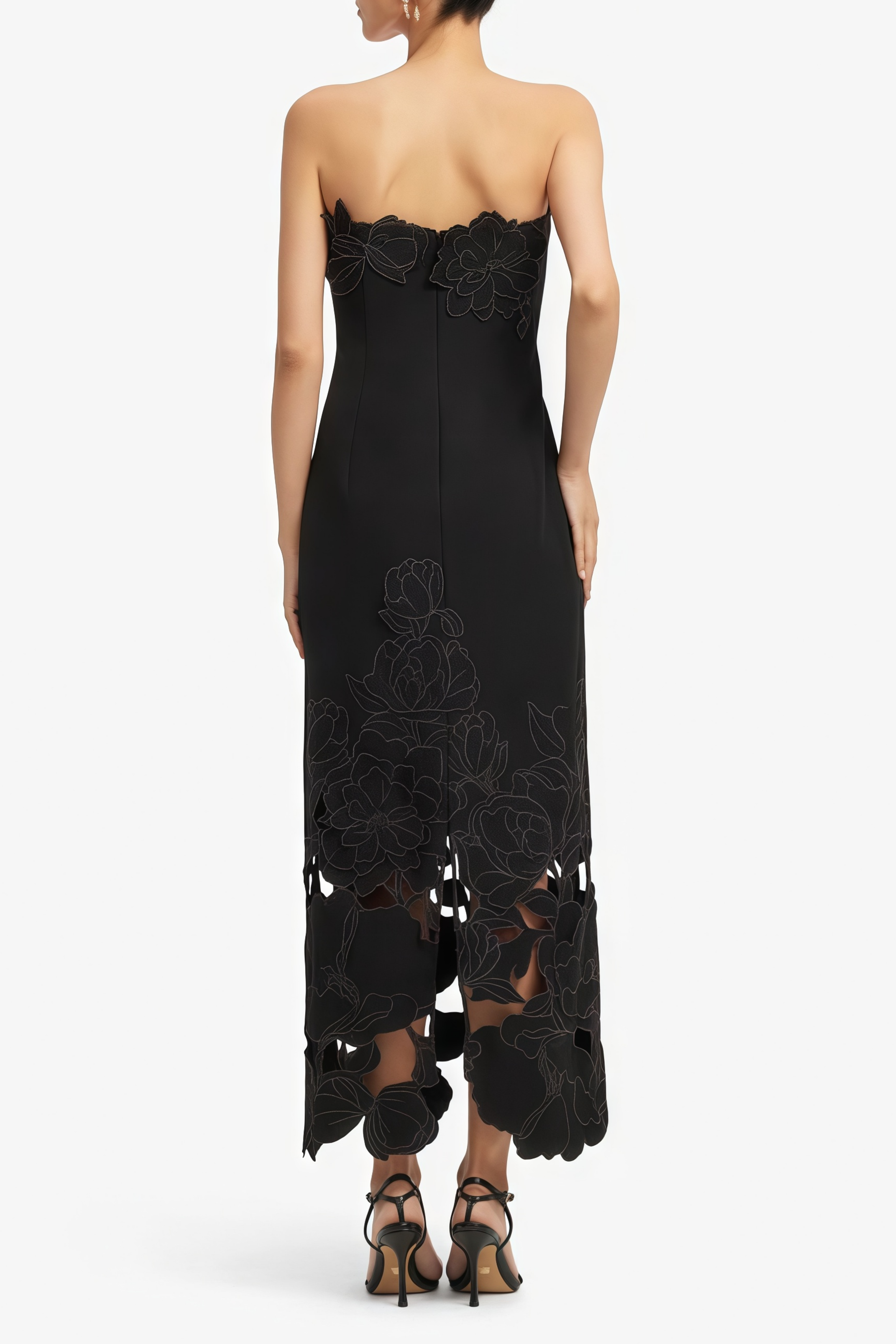 Inga Schwarzes trägerloses Maxikleid mit Blumenstickerei